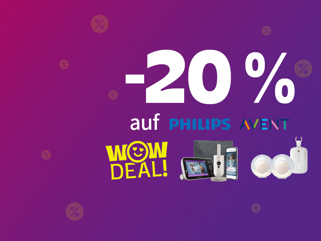 WOW Deal: -20% auf Philips Avent. Videobabyphone und Free Milchpumpe auf lila Hintergrund abgebildet. 