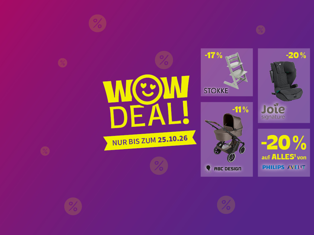 WOW Deal bis 25.10.26. Lila Hintergrund. Tripp Trapp, Kindersitz, Kinderwagen und 20% auf Philips Avent abgebildet.