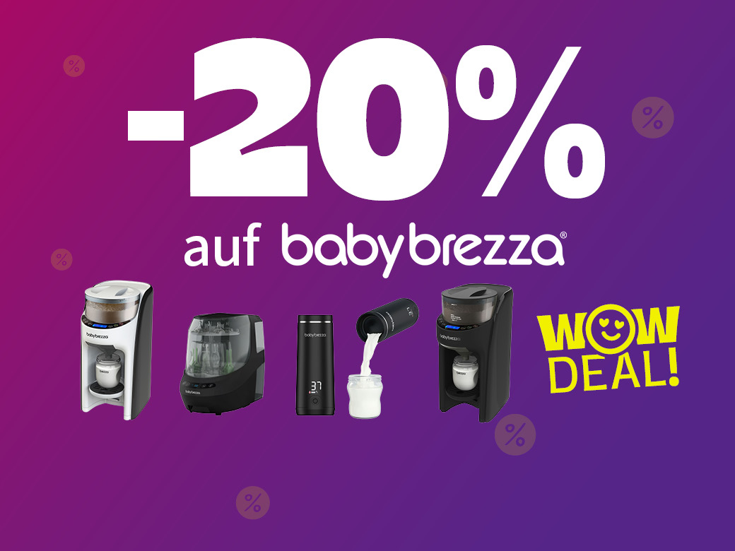 -20% auf babybrezza. WOW Deal. Babykostwärmer und Nahrungszubereiter auf lila Hintergrund abgebildet.