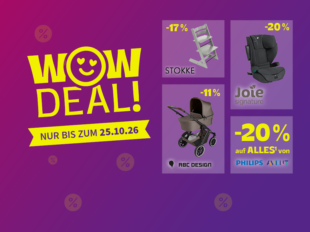 WOW Deal bis 25.10.26. Lila Hintergrund. Tripp Trapp, Kindersitz, Kinderwagen und 20% auf Philips Avent abgebildet.