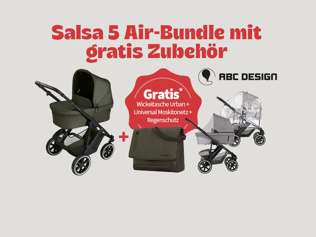 Salsa 5 Air Bundle mit gratis Zubehör: Wickeltasche Urban, Universal Moskitonetz und Regeschutz beim Kinderwagen gratis dabei.