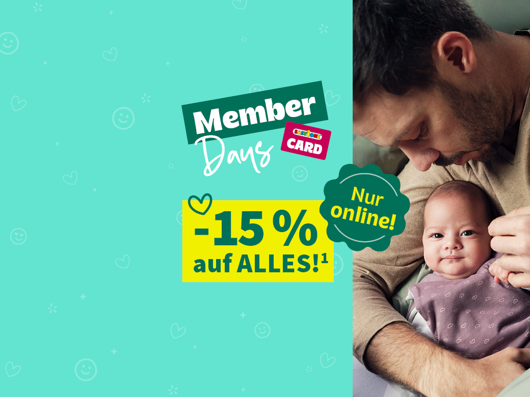 Member Days! Nur online! -15% auf Alles¹ mit der BabyOne-Card. Vater hält Baby im Arm.