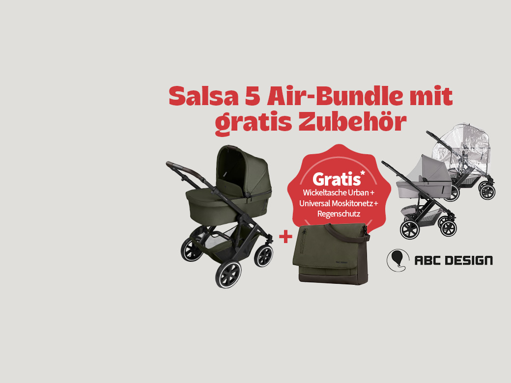 Salsa 5 Air Bundle mit gratis Zubehör: Wickeltasche Urban, Universal Moskitonetz und Regeschutz beim Kinderwagen gratis dabei.