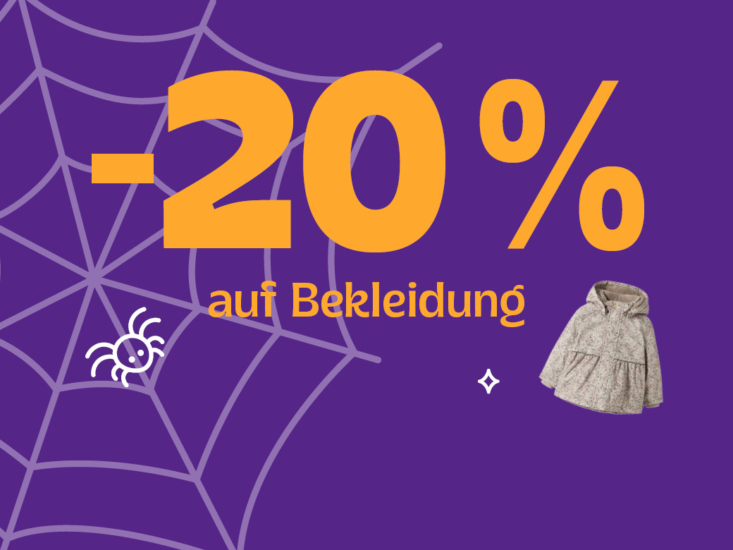 Halloween: -20% auf Bekleidung. Lila orange mit Spinne.