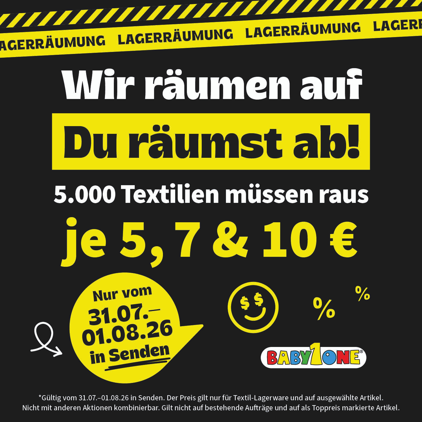 Wir räumen auf, du räumst ab! 5.000 Textilien müssen raus. Je 5,7 & 10€. Nur bis 01.08.26 in Senden.