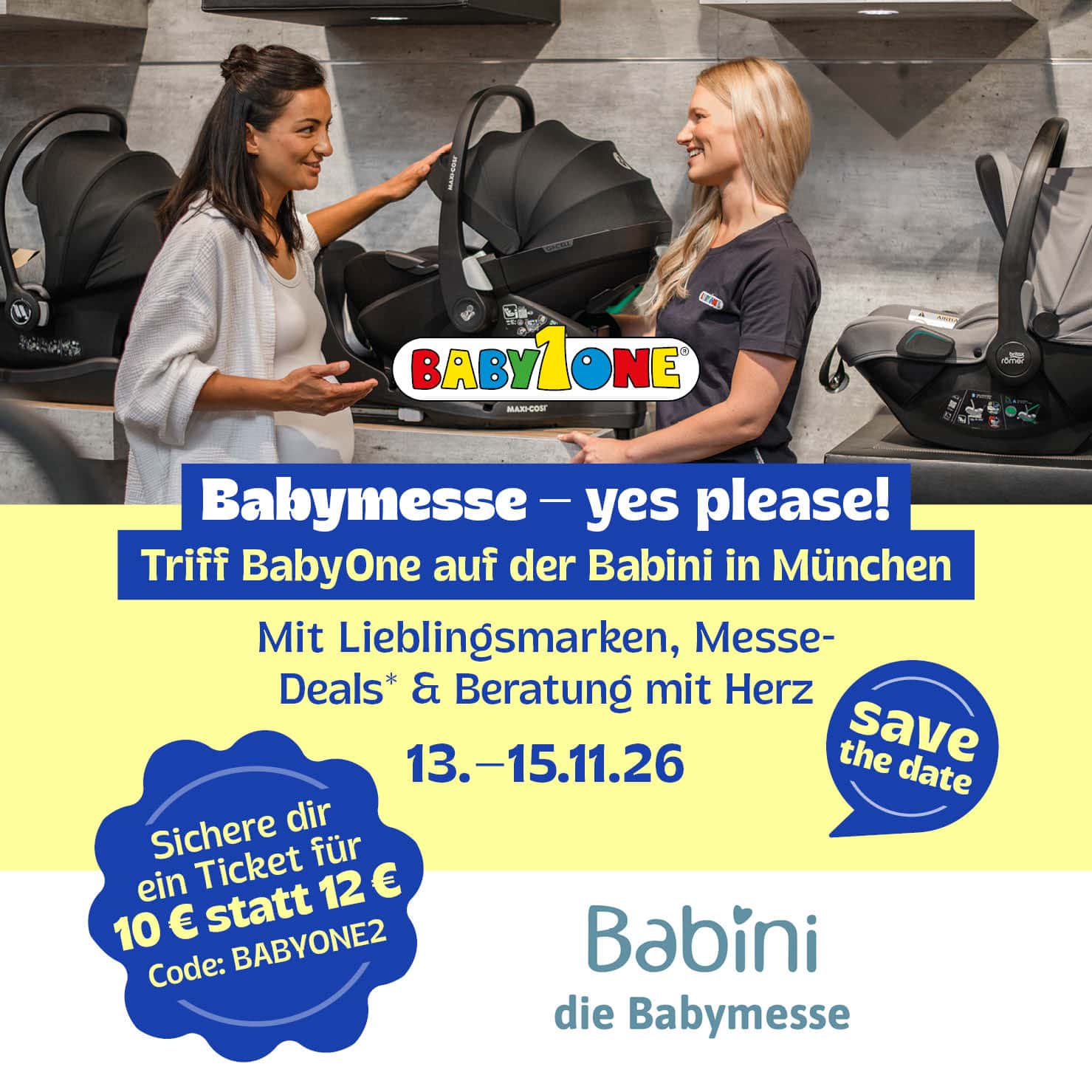 Babymesse Babini in München vom 13. - 15.11.26 mit Babyone. Sichere dir ein Ticket für 10€ statt 12€ Code BABYONE2