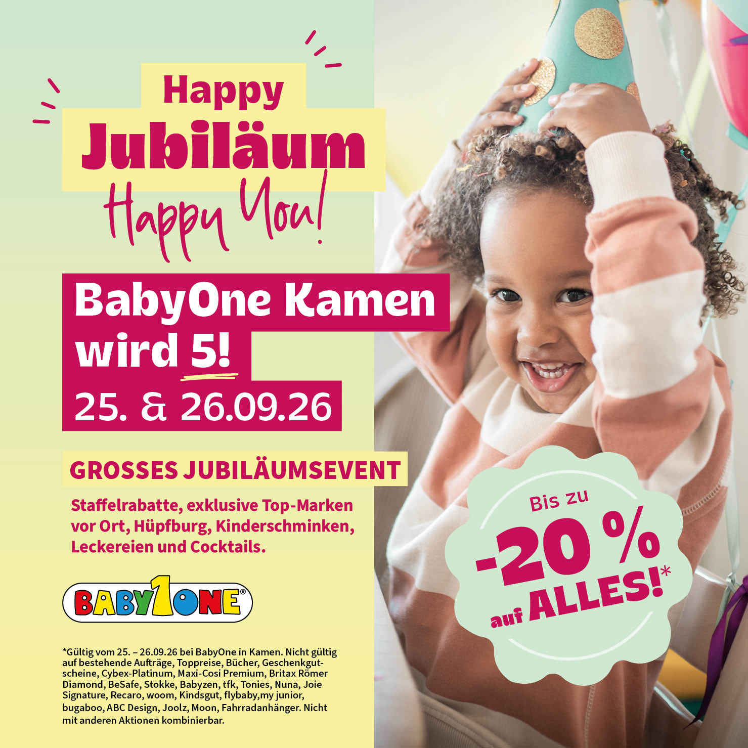 Happy Jubiläum BabyOne Kamen wird 5! 25.09 + 26.09.26 grosses Jubiläumevent, bis zu -20% Rabatt auf alles! 