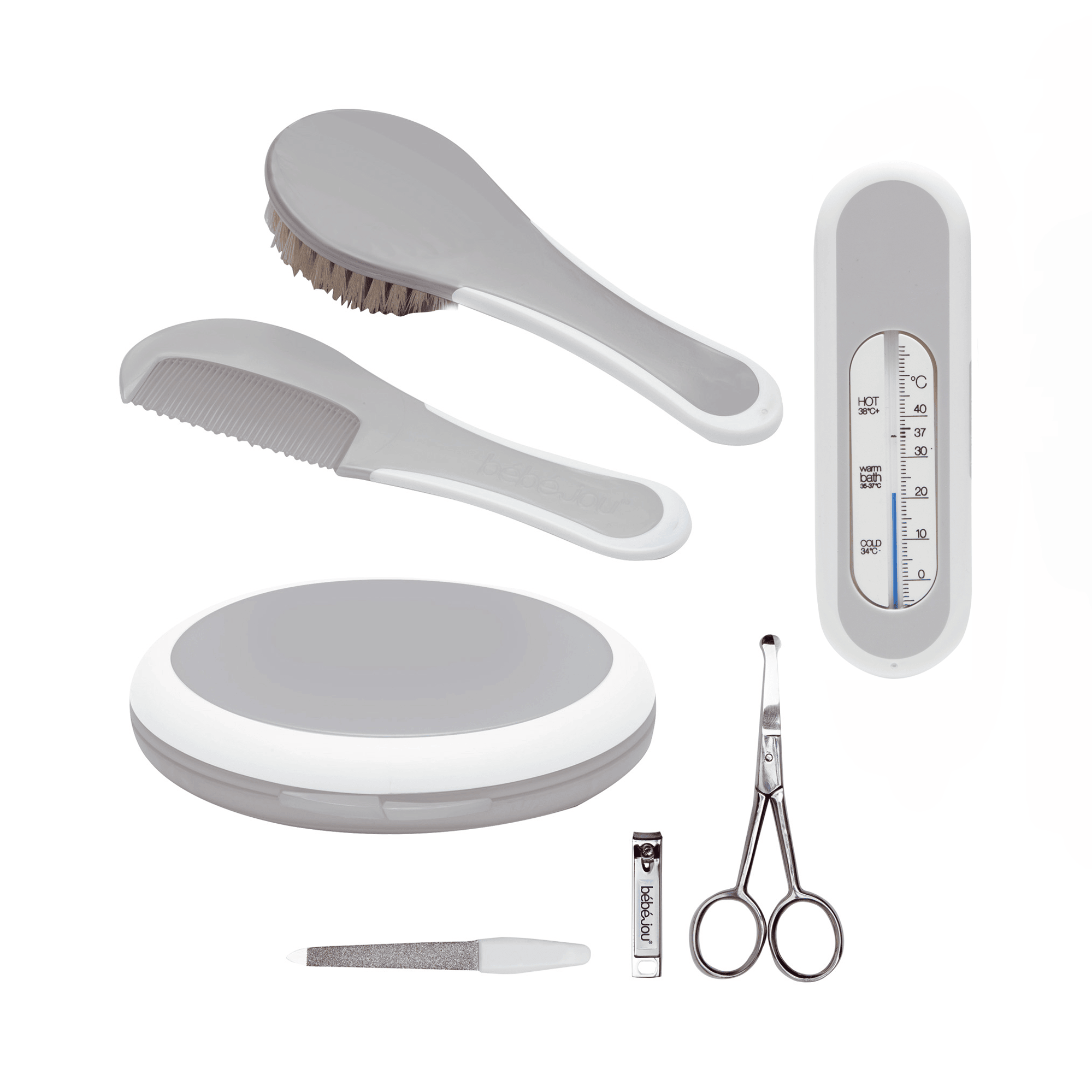 Babypflege-Sets, bébé-jou, Grau – Besonderheit: enthält Kamm, Bürste, Maniküre-Set und Badethermometer