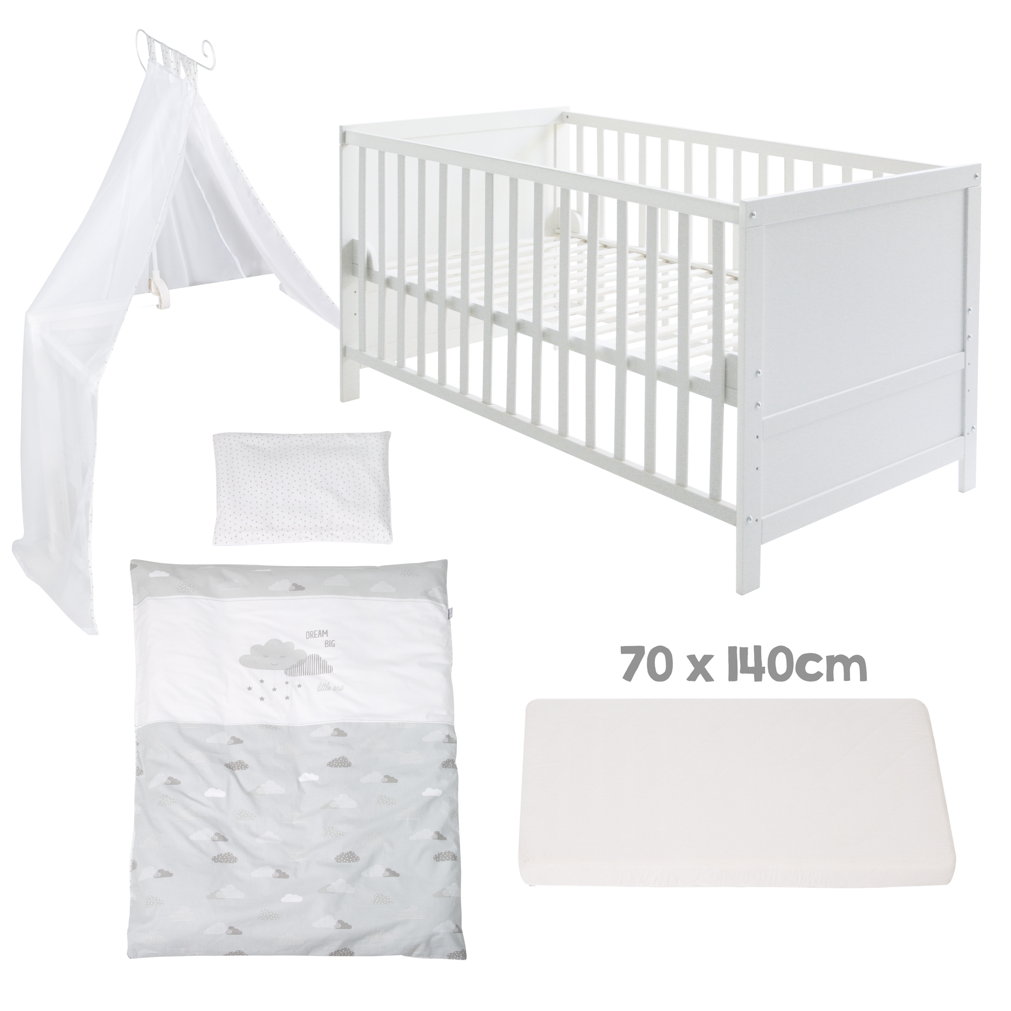 Gitterbetten, LITTLE ONE, Weiß – Besonderheit: Set mit Gitterbett, Matratze, Bettbezug und Himmel