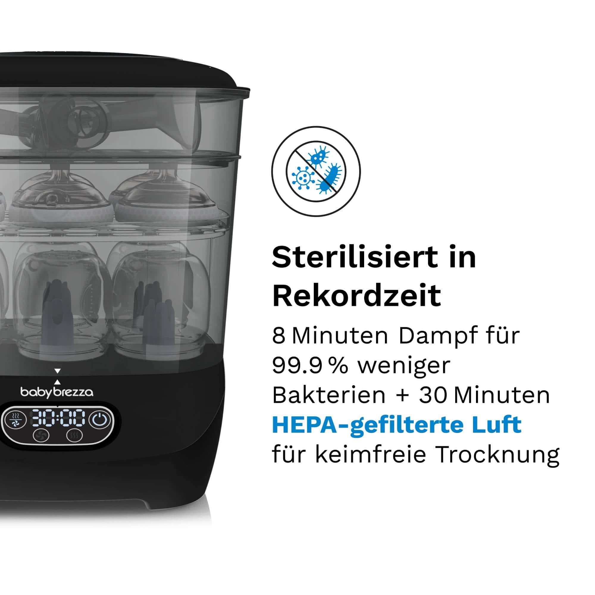 Vaporisatoren, babybrezza, Schwarz – Besonderheit: Verwendung von natürlichem Dampf für hygienische Reinigung (entfernt 99,9% schädlicher Bakterien, Schimmel und Hefepilze)
