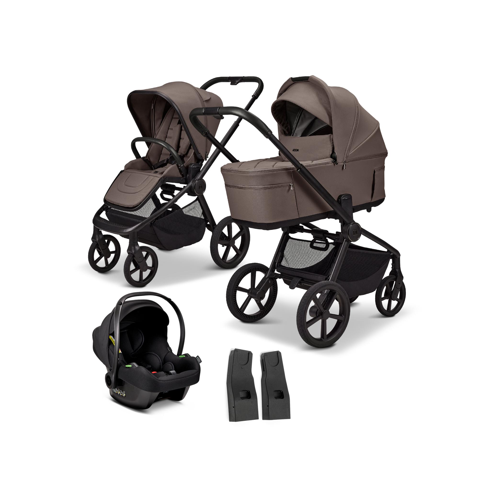 Kinderwagen Komplettsets, MOON, Beige – Besonderheit: Set bestehend aus einem Kinderwagen mit Wanne und Sportsitz sowie einer Babyschale mit passenden Adaptern