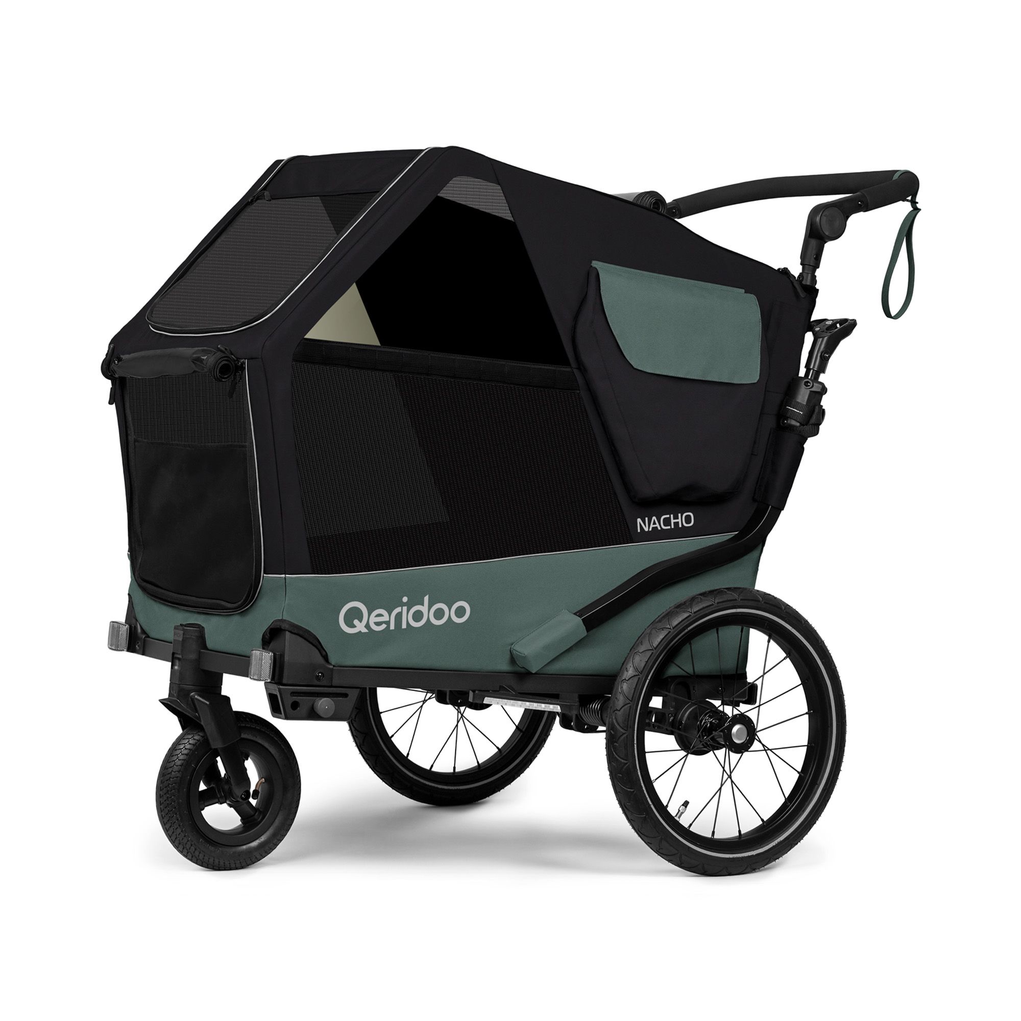 Hundeanhänger, Qeridoo, Grün – Besonderheit: 360° drehbares, luftgefülltes Buggyrad mit Walker-Modus
