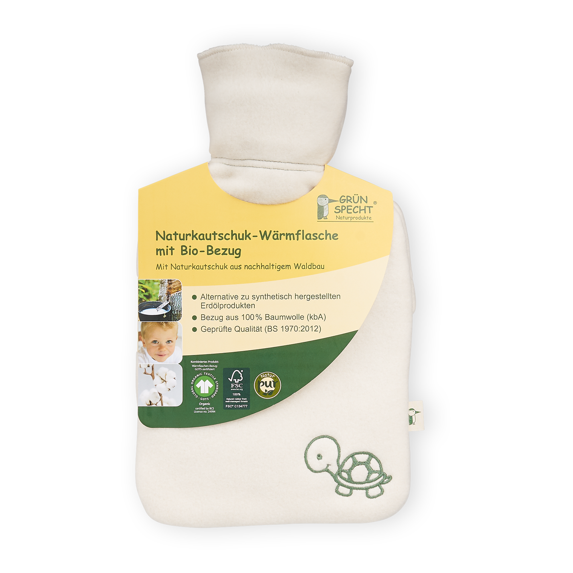 Naturkautschuk Wärmflasche klein mit Bio-Bezug GRÜNSPECHT Weiß Weiß 2000584466009 1