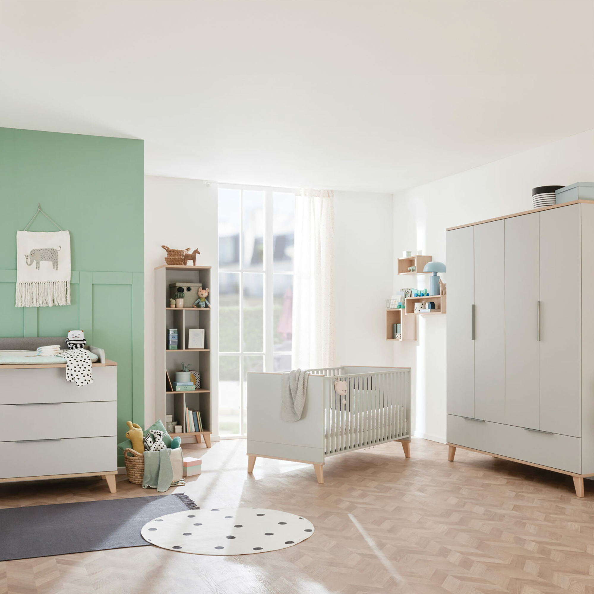 Babyzimmer Sets, PAIDI, Grau – Besonderheit: Set aus 4-türigen Kleiderschrank, Babybett, Wickelkommode, Wickelauflage