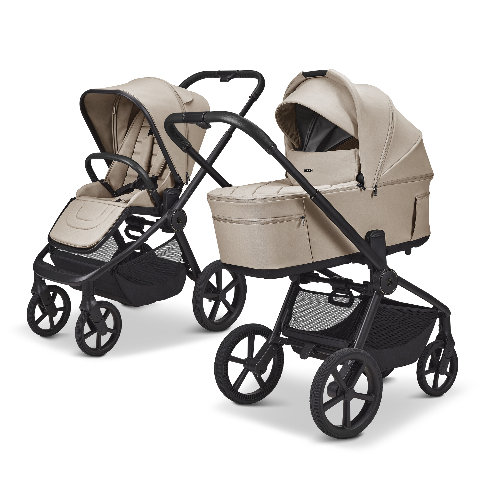Kombi-Kinderwagen, MOON, Beige – Besonderheit: faltbar mit Babywanne auf dem Gestell
