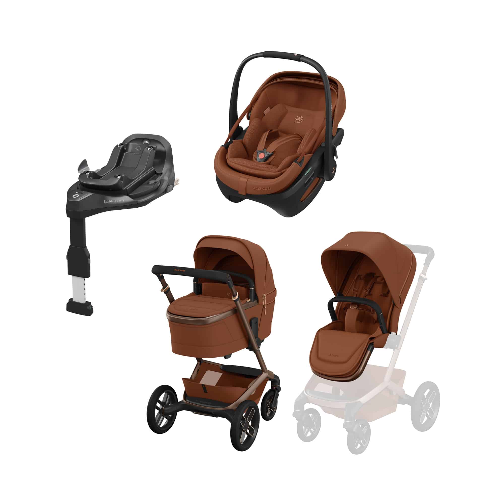 Kinderwagen Komplettsets, MAXI-COSI Premium, Beige – Besonderheit: Set bestehend aus Buggy, Tragewanne, Babyschale und passender Base