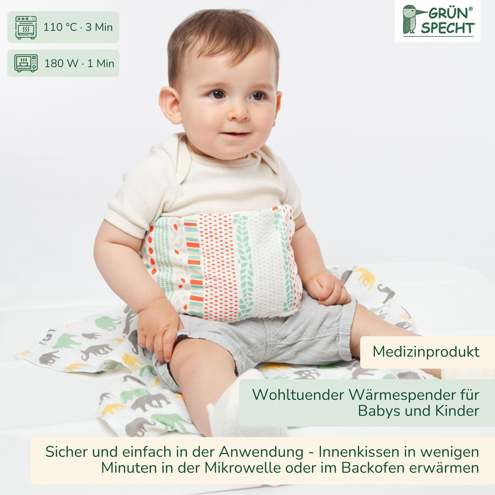 Wärmekissen & -flaschen, GRÜNSPECHT, Mehrfarbig – Besonderheit: Set bestehend aus Wickel und Traubenkern-Kissen