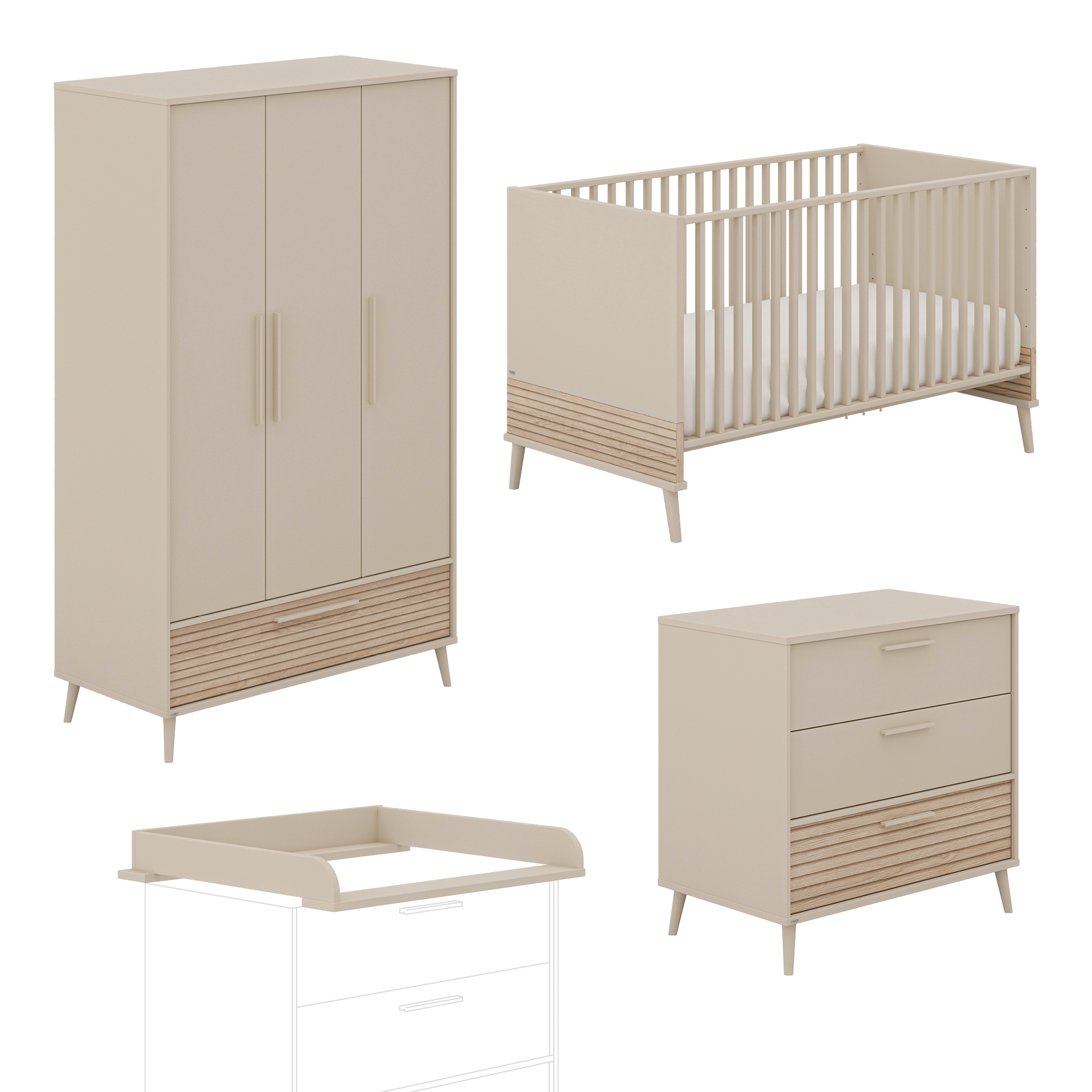 Babyzimmer Sets, PAIDI, Beige – Besonderheit: Set bestehend aus einem Babybett, einem 3-türigem Kleiderschrank, einer schmalen Wickelkommode und einem passenden Wickelaufsatz
