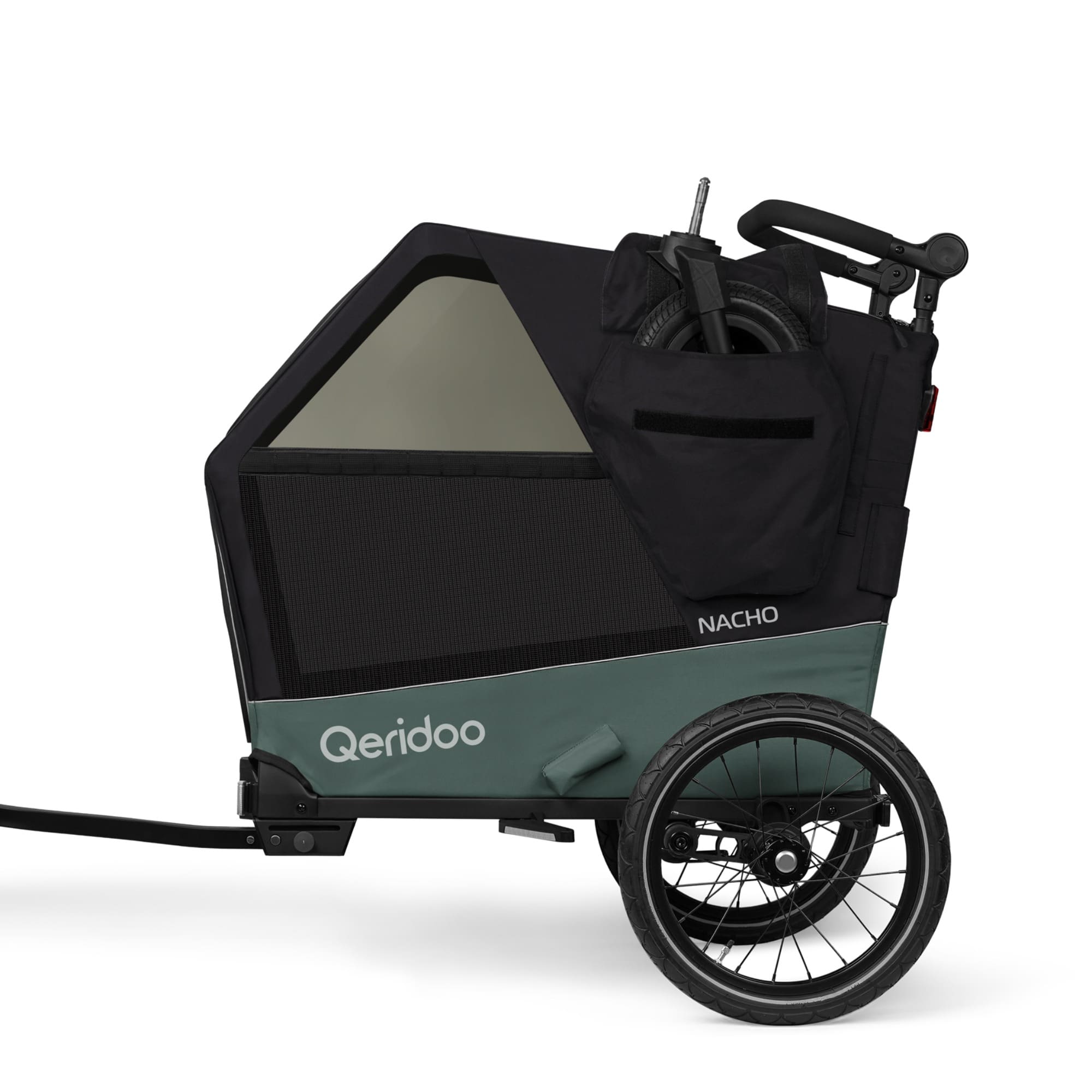 Hundeanhänger, Qeridoo, Grün – Besonderheit: 360° drehbares, luftgefülltes Buggyrad mit Walker-Modus
