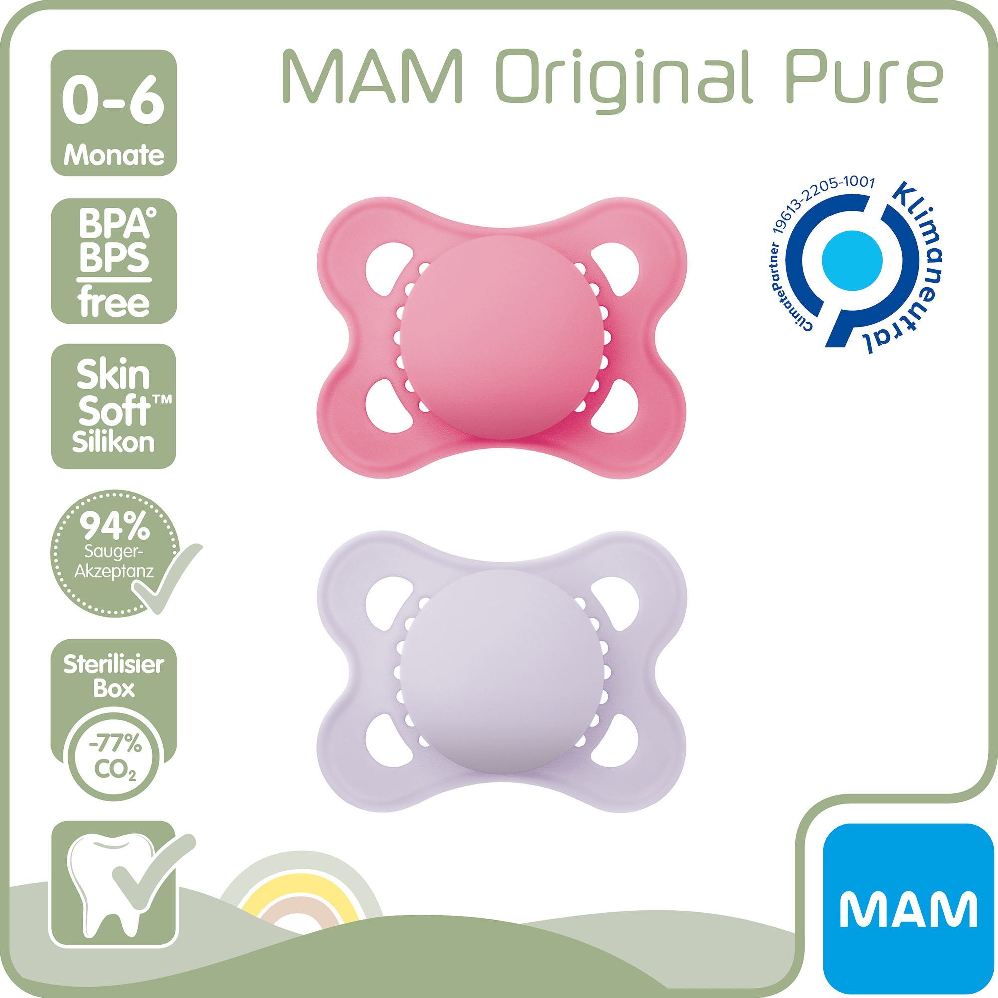 Beruhigungssauger Original matt plain Silikon 0-6 Monate 2 Stück pink/lila MAM Pink 2000583513308 2