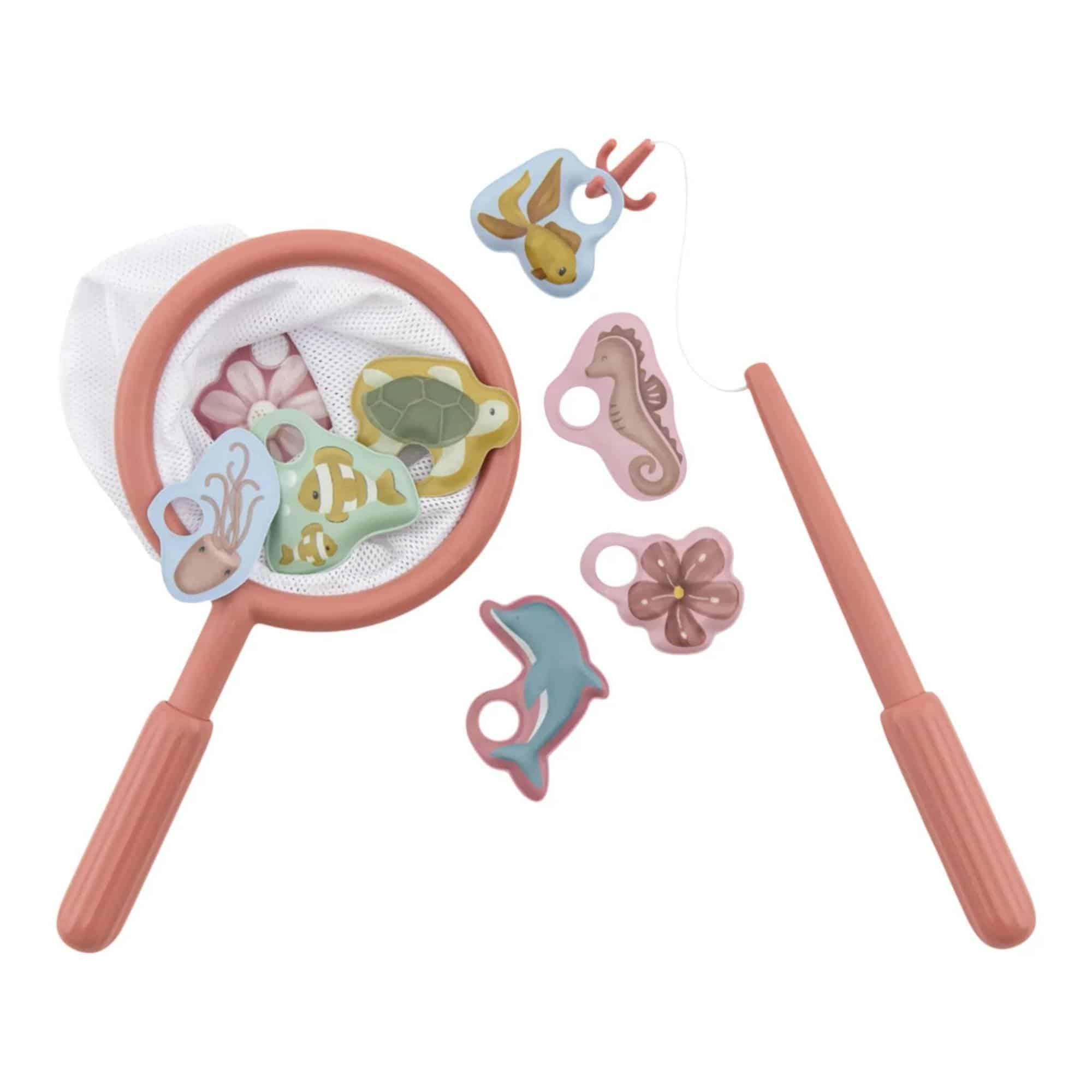 Badespielzeug, LITTLE DUTCH, Pink – Besonderheit: Set enthält eine Angelrute, ein Kescher und acht bunte Figuren wie Blumen und Meerestiere