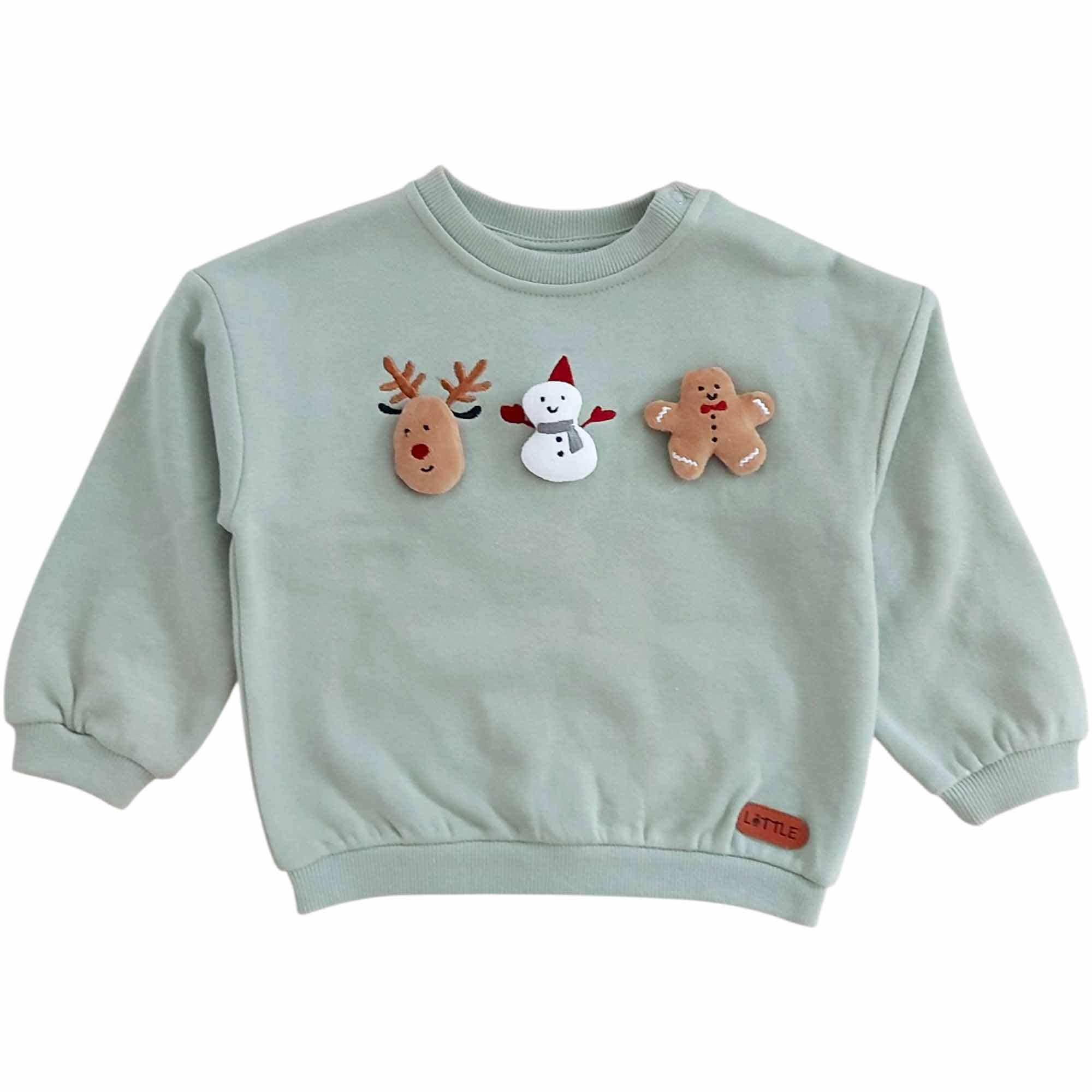 Baby Pullover Größe 86, LITTLE, Grün – Besonderheit: weihnachtliches Design mit niedlichen Figuren
