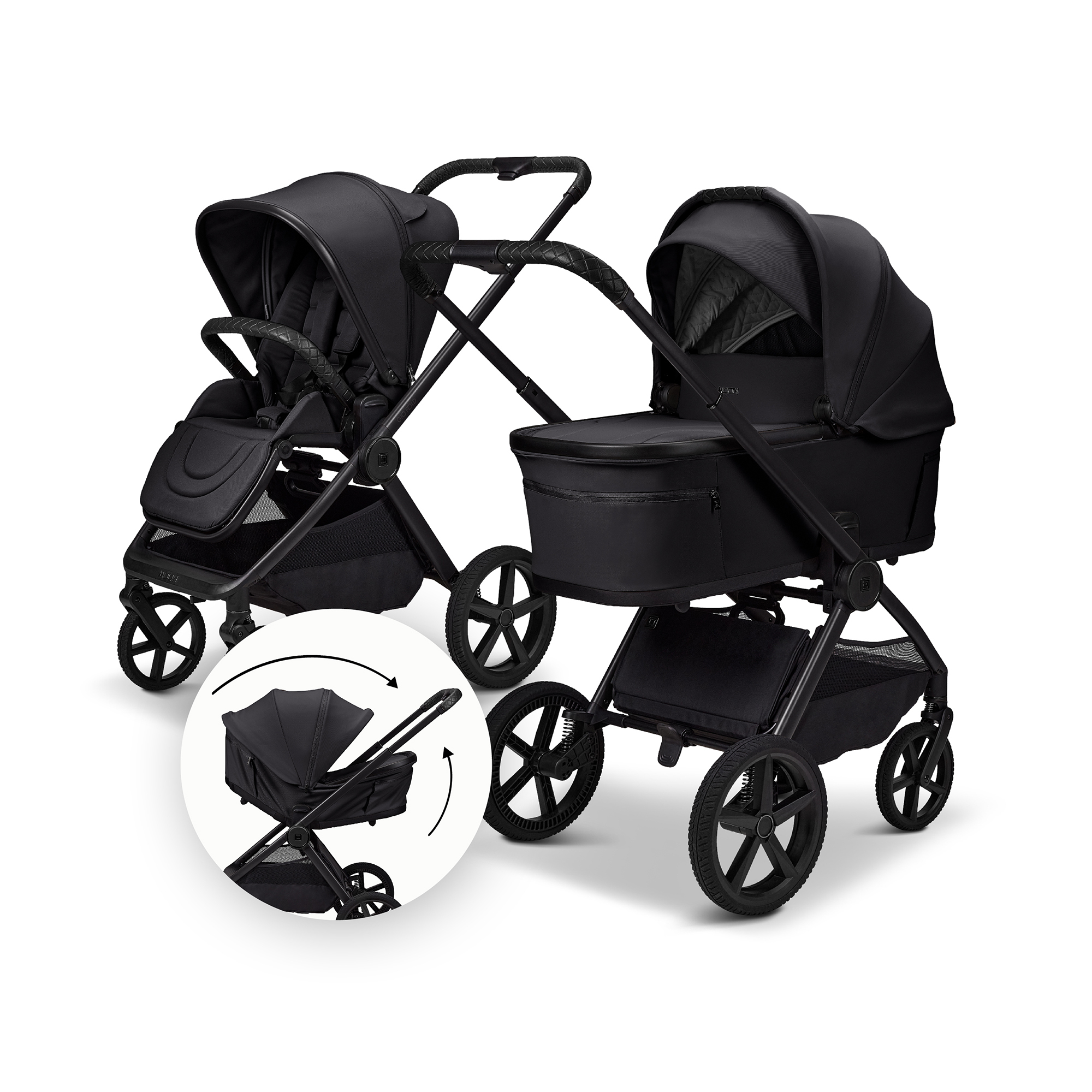 Kombi-Kinderwagen, MOON, Schwarz – Besonderheit: zusammenfaltbar mit Babywanne  oder Sportsitz auf dem Gestell