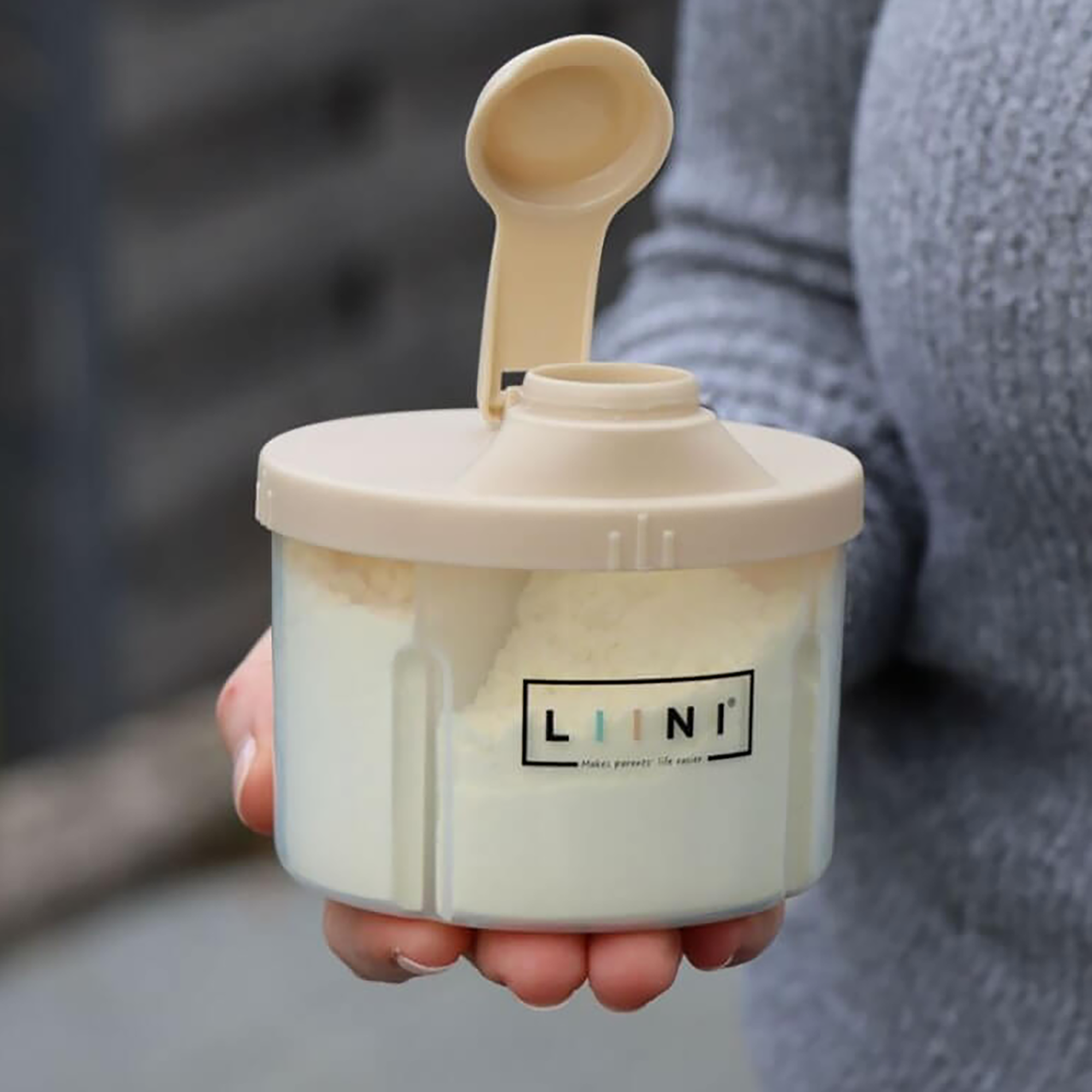 Milchpulver Portionierer, LIINI, Beige – Besonderheit: 4 separate Aufbewahrungsbereiche