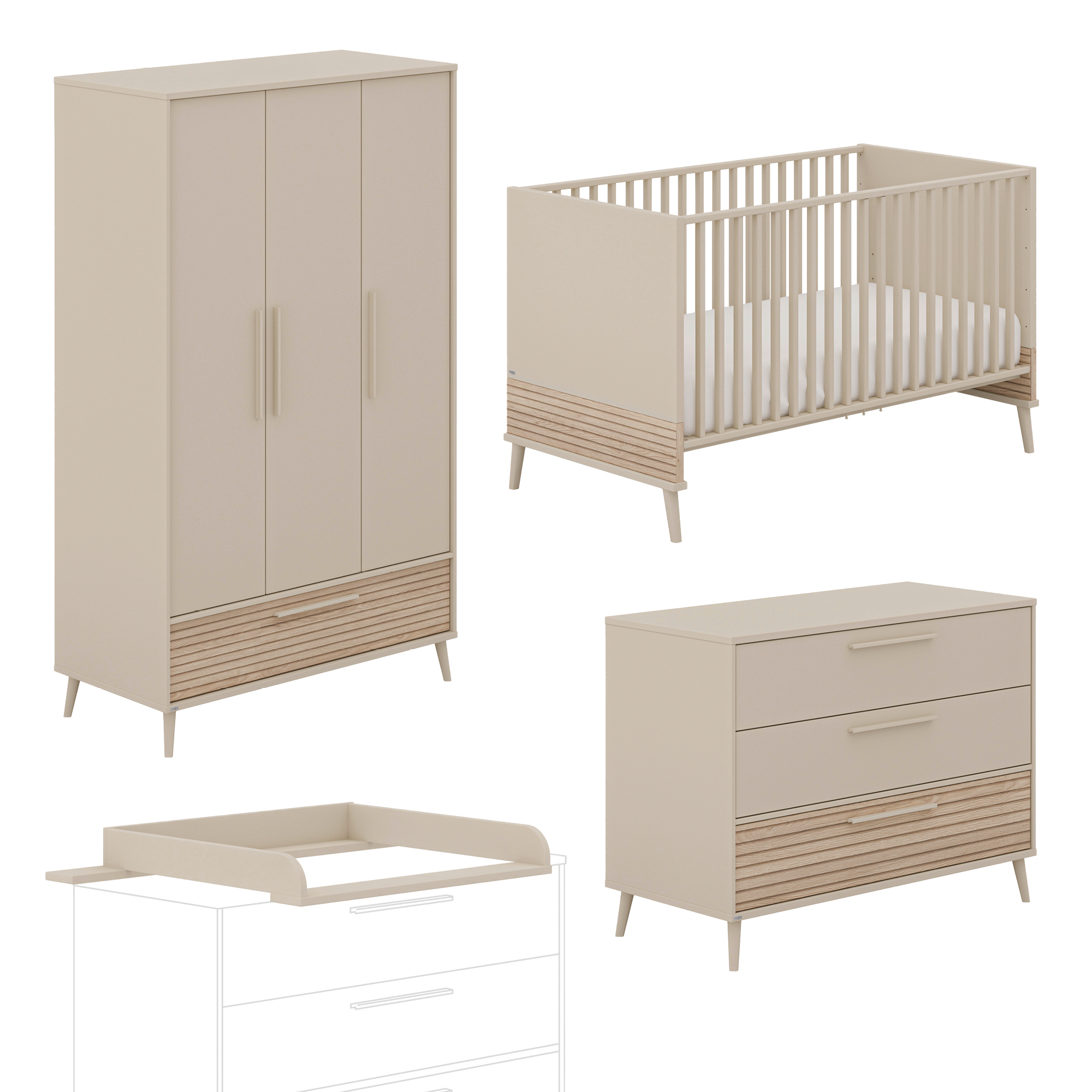 Babyzimmer Sets, PAIDI, Beige – Besonderheit: Set bestehend aus einem Babybett, einem 3-türigem Kleiderschrank, einer breiten Wickelkommode und einem passenden Wickelaufsatz