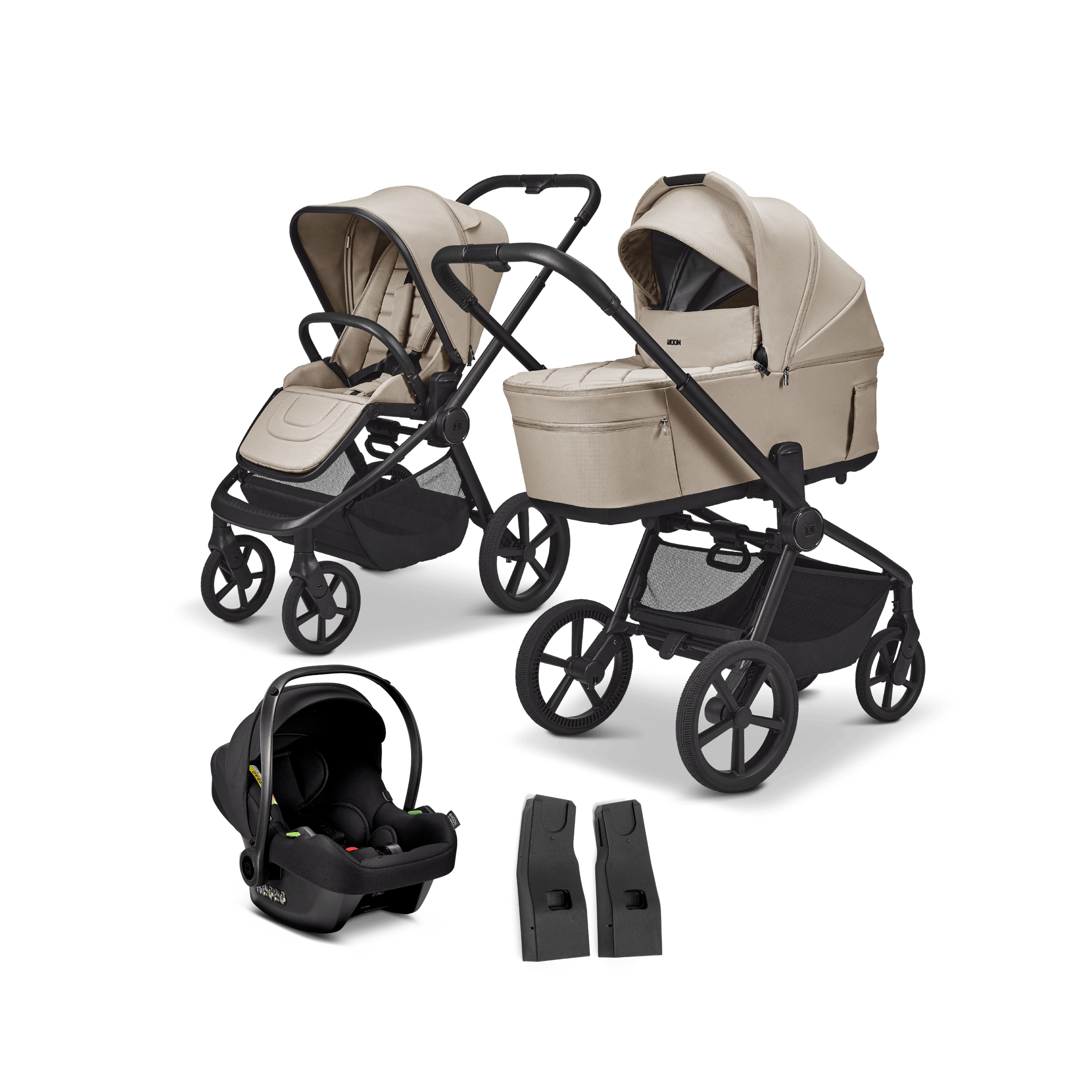 Kinderwagen Komplettsets, MOON, Beige – Besonderheit: Set bestehend aus einem Kinderwagen mit Wanne und Sportsitz sowie einer Babyschale mit passenden Adaptern