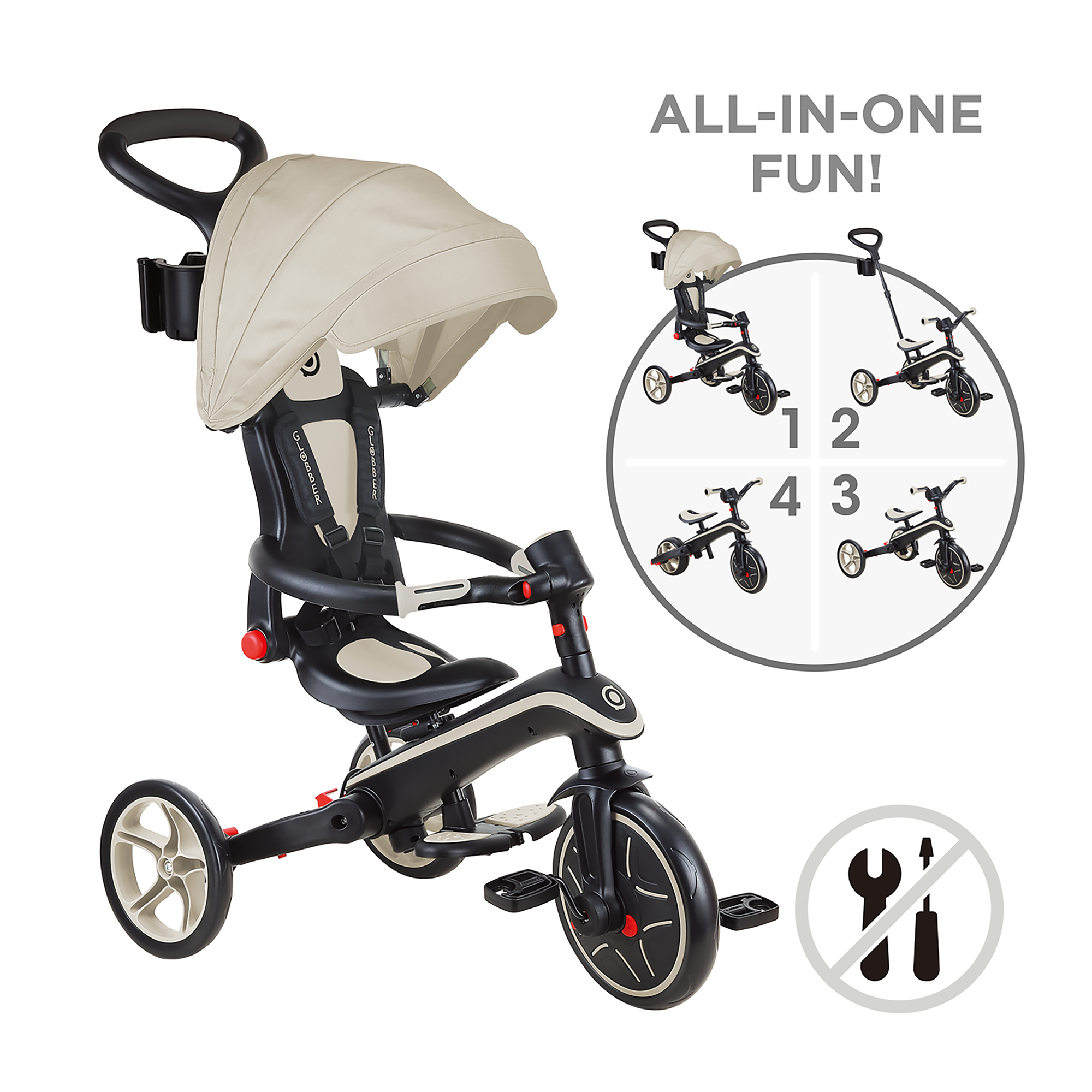 Dreiräder, GLOBBER, Beige – Besonderheit: verwandelbar in Kinderwagen, Dreirad mit und ohne Anschub und Laufrad