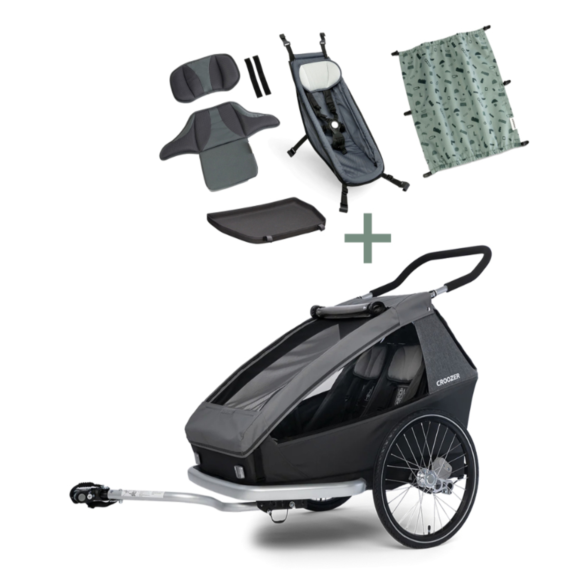 Fahrradanhänger, Croozer, Grau – Besonderheit: Set bestehend aus Fahrradanhänger, Babysitz, Fußraumschutzwanne, Sonnenschutz und Sitzstütze