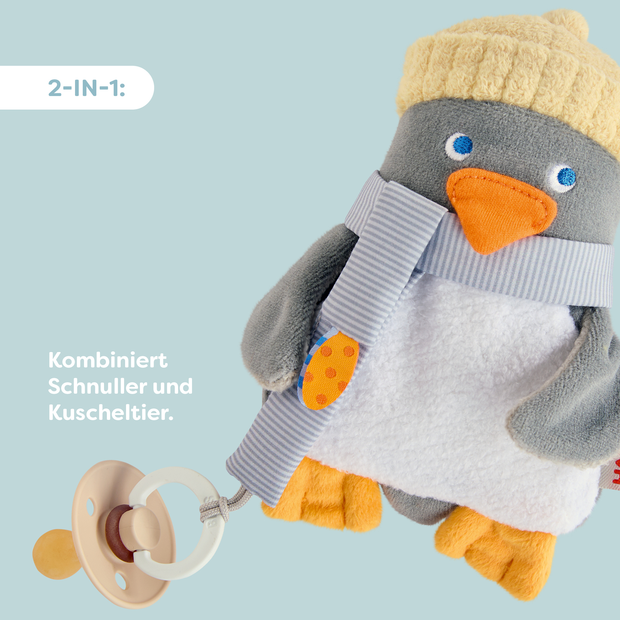Kuscheltiere, HABA, Weiß – Besonderheit: Schnuller kann am abnehmbarem Schal des Pinguins befestigt werden
