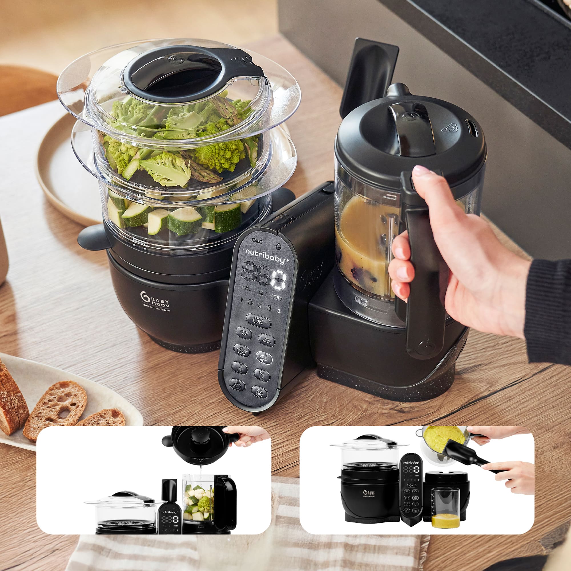 Babykostwärmer, babymoov, Schwarz – Besonderheit: 4 Geräte in 1: Fläschchenwärmer, Sterilisator, Dampfgarer und Mixer