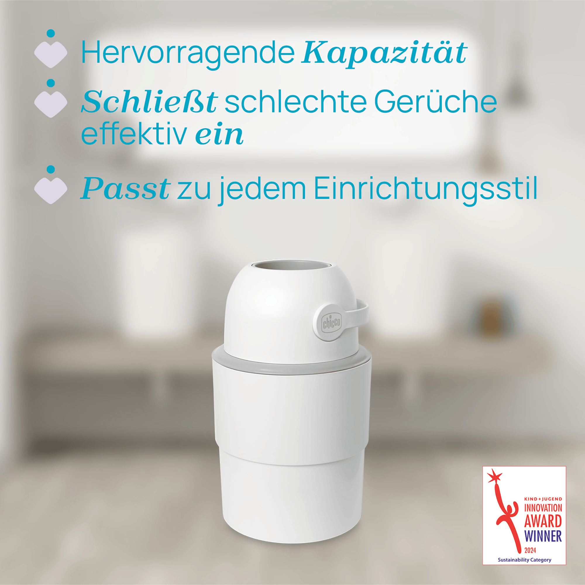 Windeleimer, chicco, Weiß – Besonderheit: Fassungsvermögen bis zu 35 Windeln