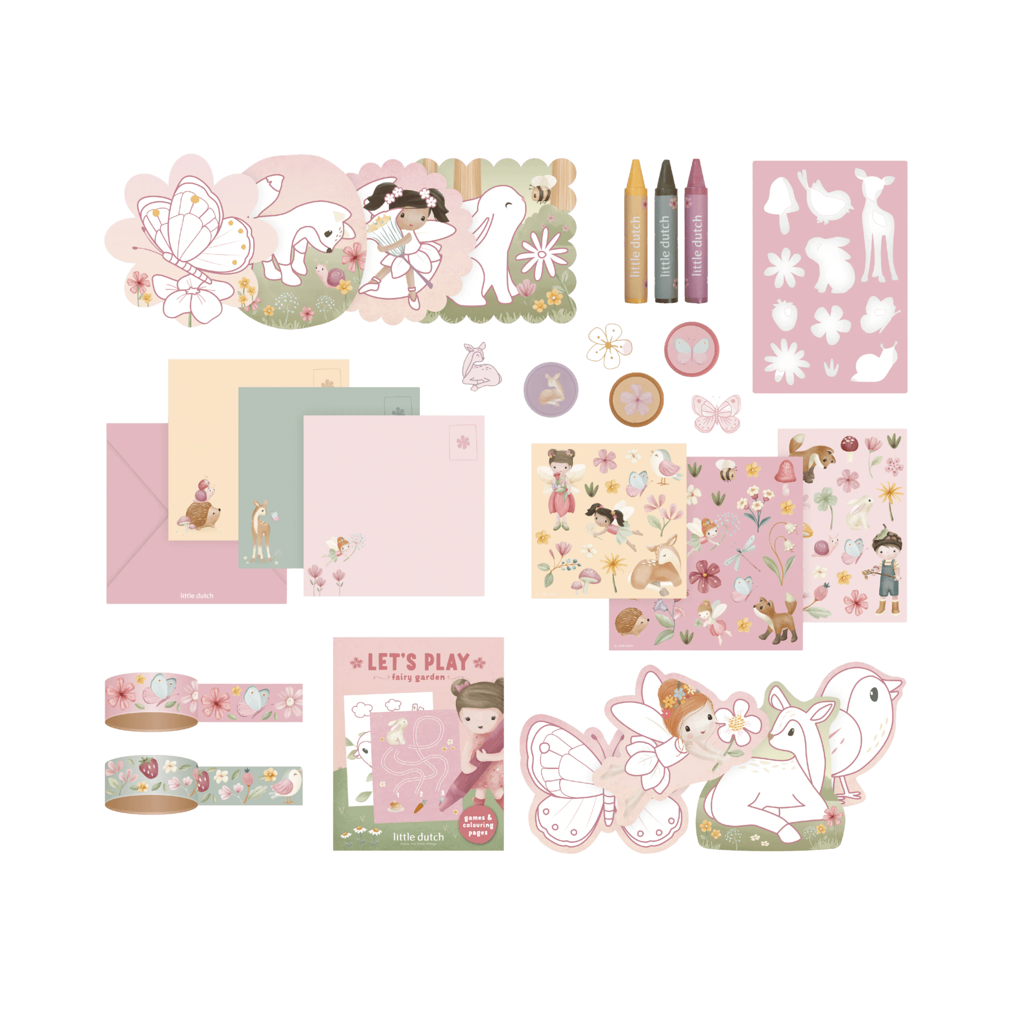 Malen & Kneten, LITTLE DUTCH, Pink – Besonderheit: mit Schablonen, Sticker, Kreiden, Stempel, Malkarten und Washi-Tape
