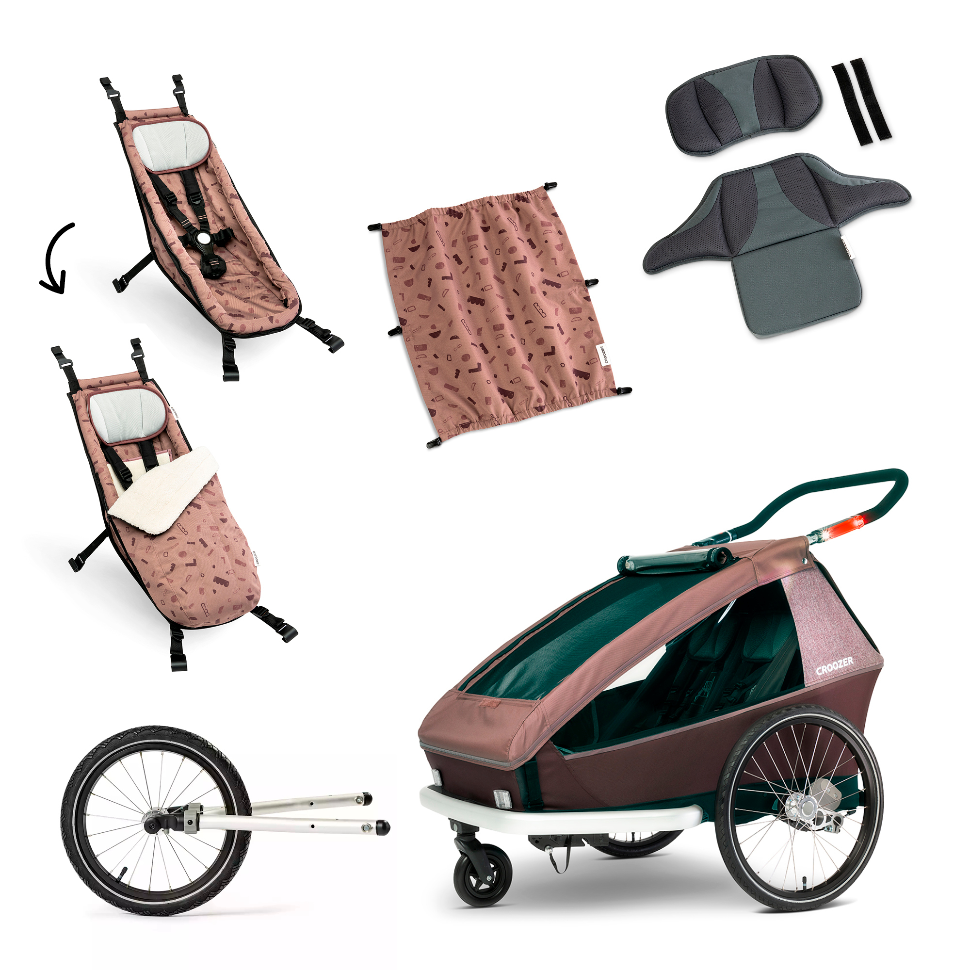 Fahrradanhänger, Croozer, Rot – Besonderheit: Set bestehend aus Fahrradanhänger, Babysitz, Babysitz für den Winter, Jogger Set, Sonnenschutz und Sitzstütze