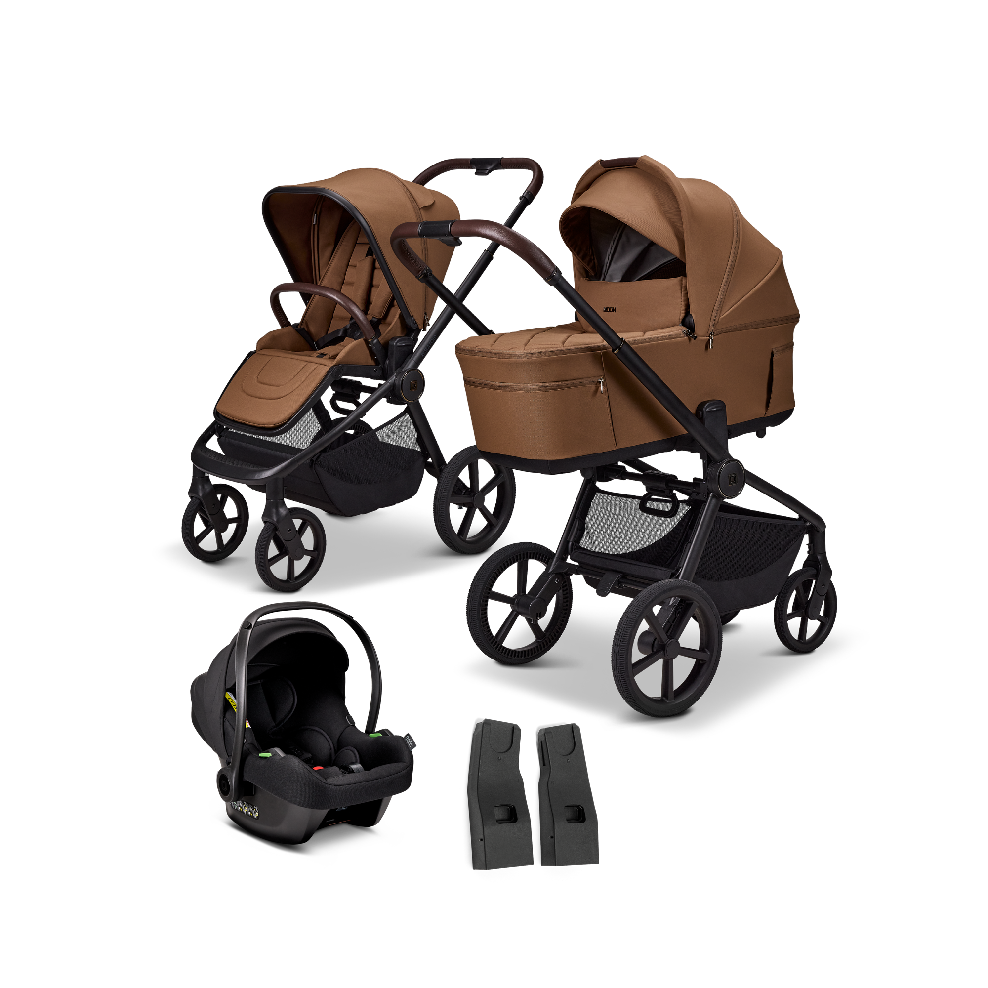 Kinderwagen Komplettsets, MOON, Braun – Besonderheit: Set bestehend aus einem Kinderwagen mit Wanne und Sportsitz sowie einer Babyschale mit passenden Adaptern