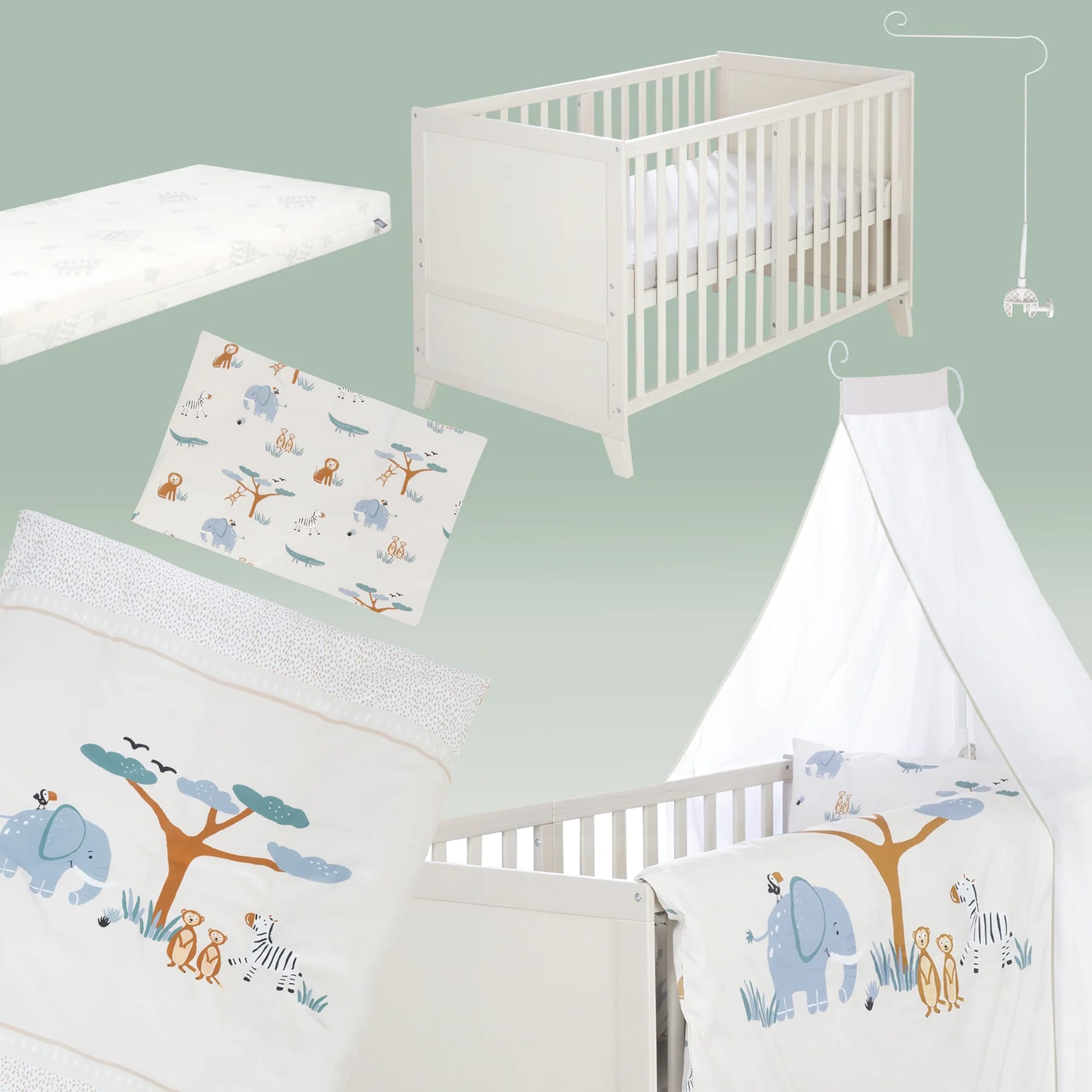 Gitterbetten, roba, Weiß – Besonderheit: Komplettbettset Savanna Friends mit Babybett, Matratze, Bettwäsche, Himmel & Himmelstange