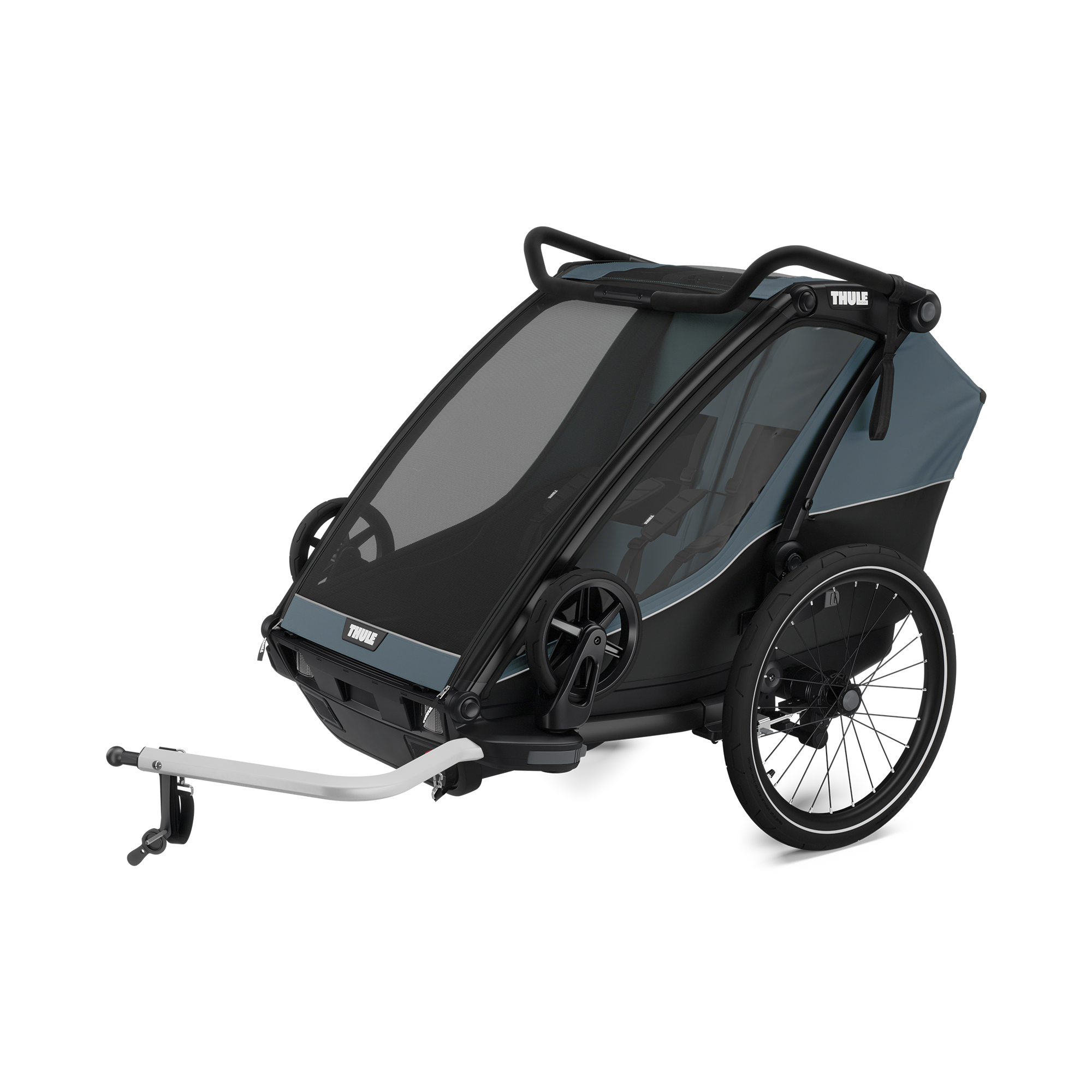 Fahrradanhänger, THULE, Grau – Besonderheit: inkl. Rückleuchte, Fahrrad- und Spazierausrüstung, Regen- und Sonnenschutz