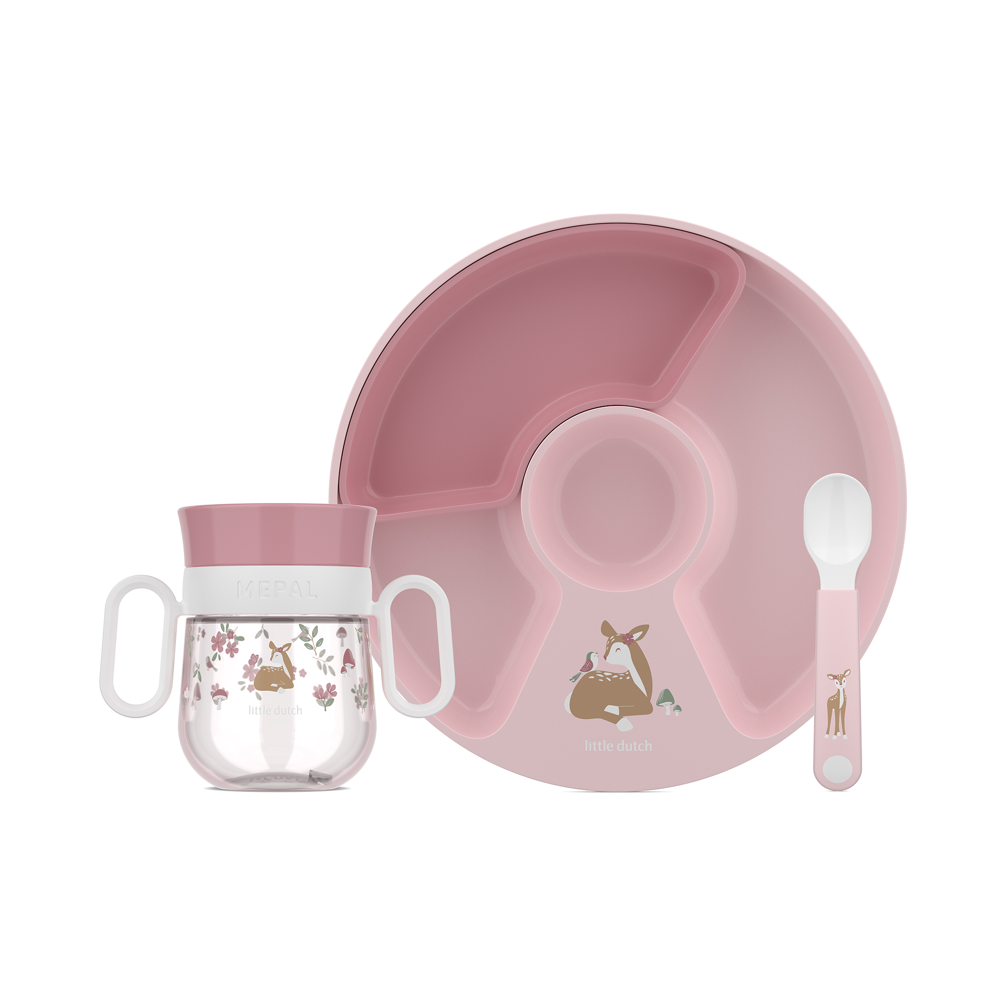 Produkte, MEPAL, Pink – Besonderheit: 3-teiliges Set mit Trinklernbecher, Teller mit Unterteilung und Löffel