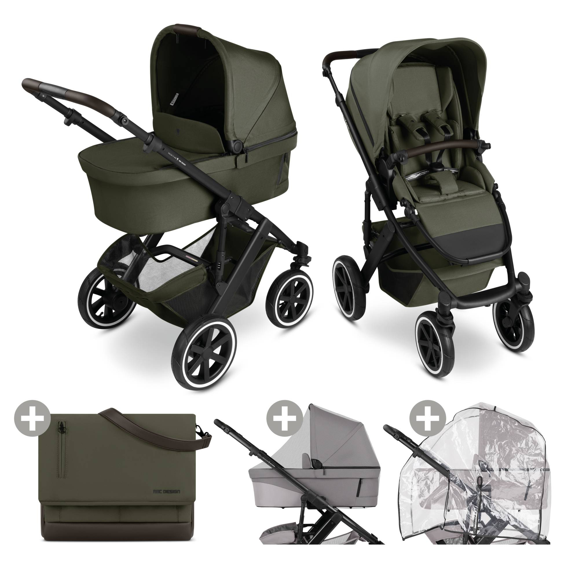 Kinderwagen Komplettsets, ABC DESIGN, Grün – Besonderheit: Set bestehend aus Kombi-Kinderwagen, Moskitonetz, Wickeltasche und Regenschutz