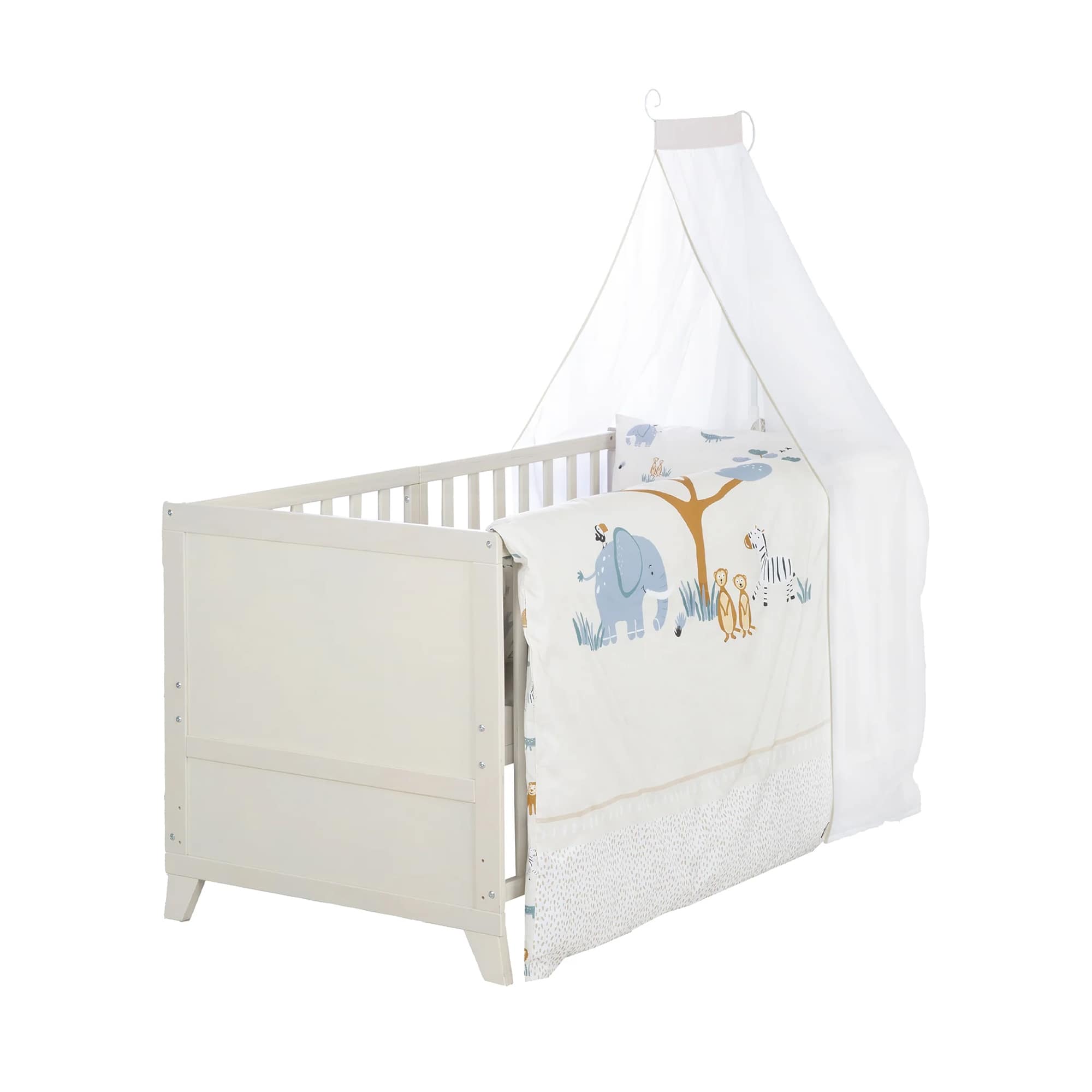 Gitterbetten, roba, Weiß – Besonderheit: Komplettbettset Savanna Friends mit Babybett, Matratze, Bettwäsche, Himmel & Himmelstange