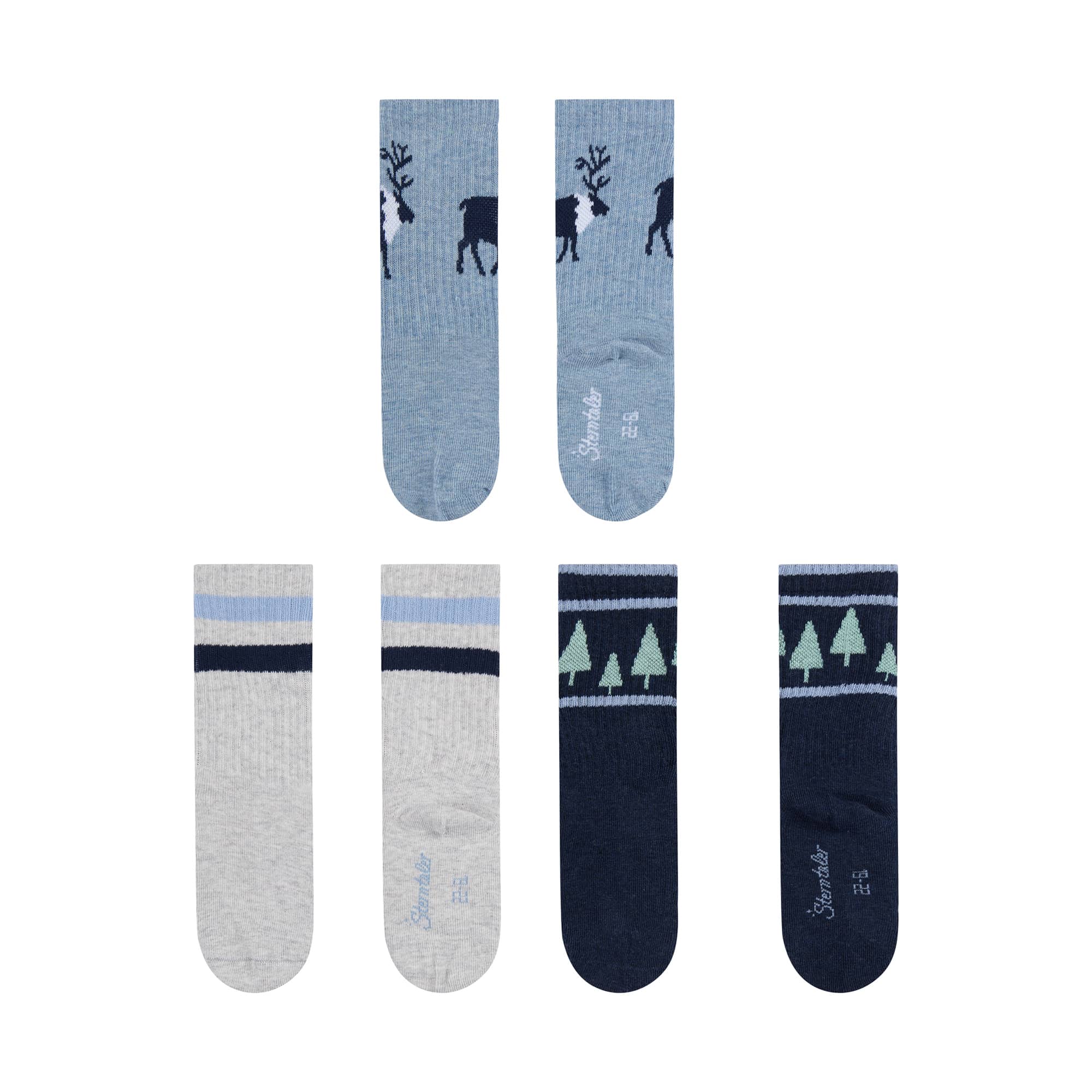 Socken & Strumpfhosen, Sterntaler, Blau – Besonderheit: lange Socken mit Hirsch-, Ringel- und Baum-Motiven
