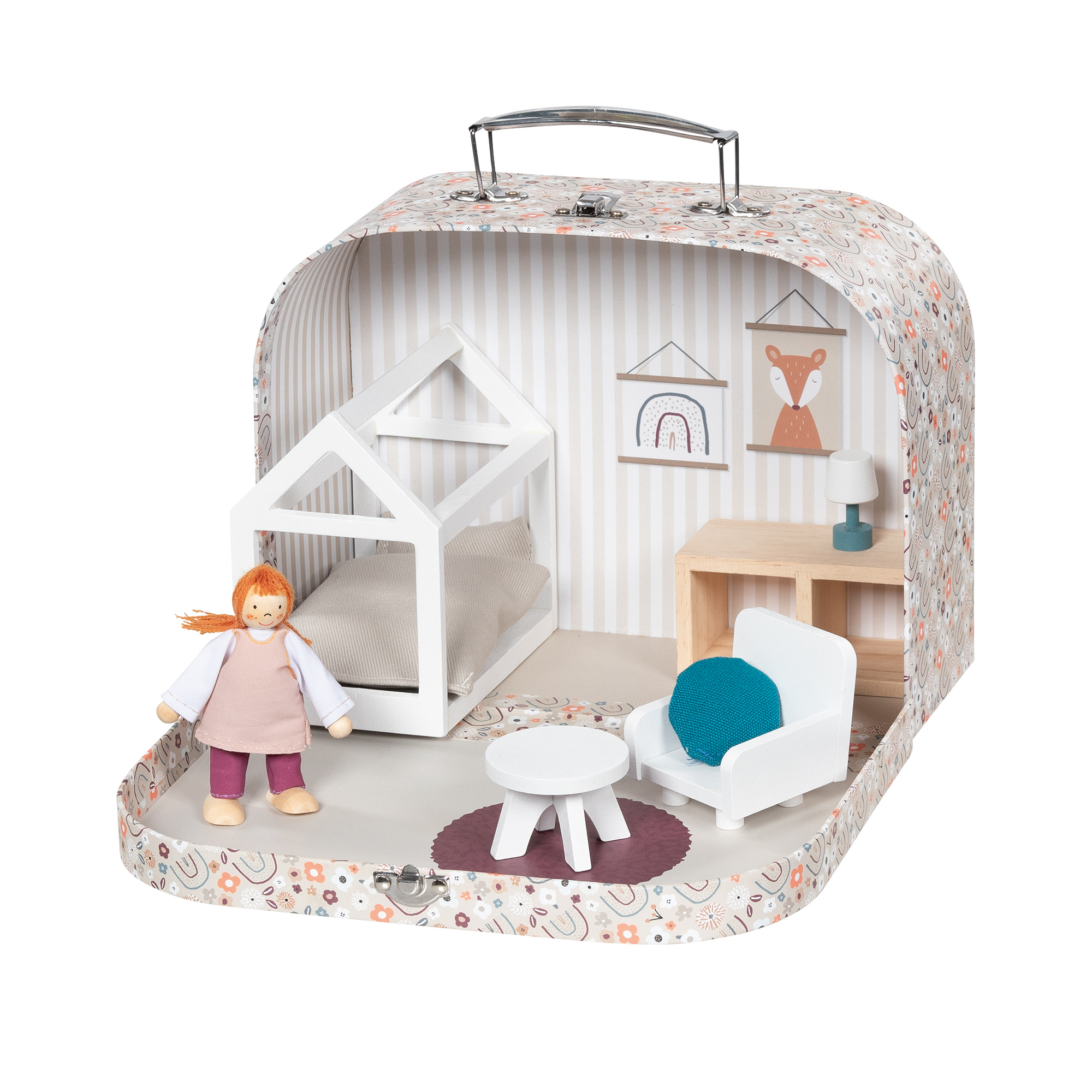 Holzspielzeug, GOLLNEST, Beige – Besonderheit: bestehend aus 10 Teilen mit Miniatur-Möbeln und einer Biegepuppe
