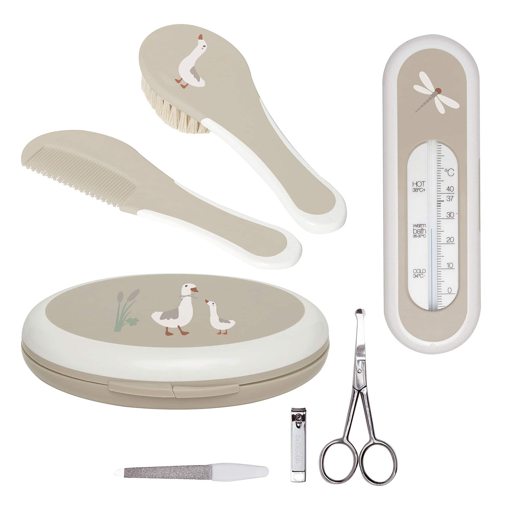 Babypflege-Sets, bébé-jou, Beige – Besonderheit: enthält Kamm, Bürste, Maniküre-Set und Badethermometer