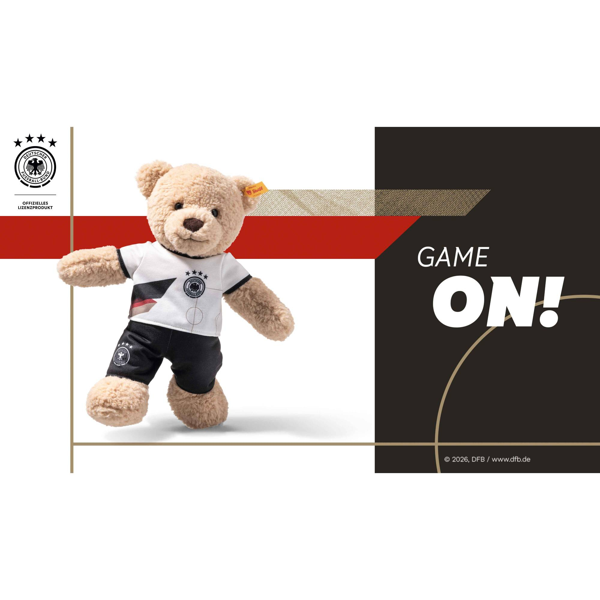 Kuscheltiere, Steiff, Beige – Besonderheit: Teddybär trägt das DFB-Trikot zum Fußball-Sommer 2026
