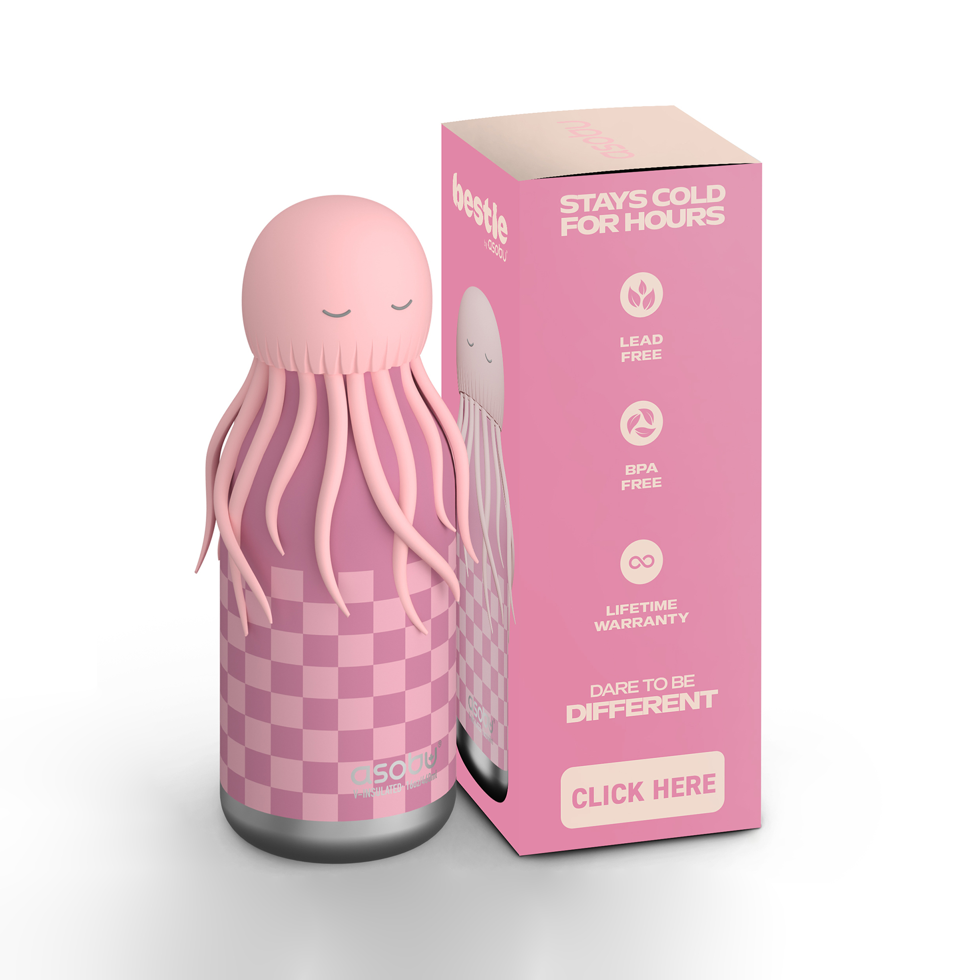 Thermoflaschen, ASOBU, Pink – Besonderheit: Edelstahlflasche mit abnehmbarem, sammelbarem Silikonkopf