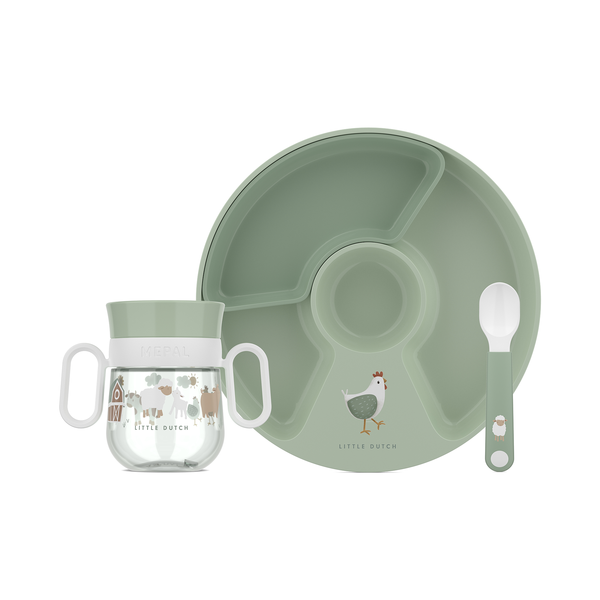 Produkte, MEPAL, Grün – Besonderheit: 3-teiliges Set mit Trinklernbecher, Teller mit Unterteilung und Löffel