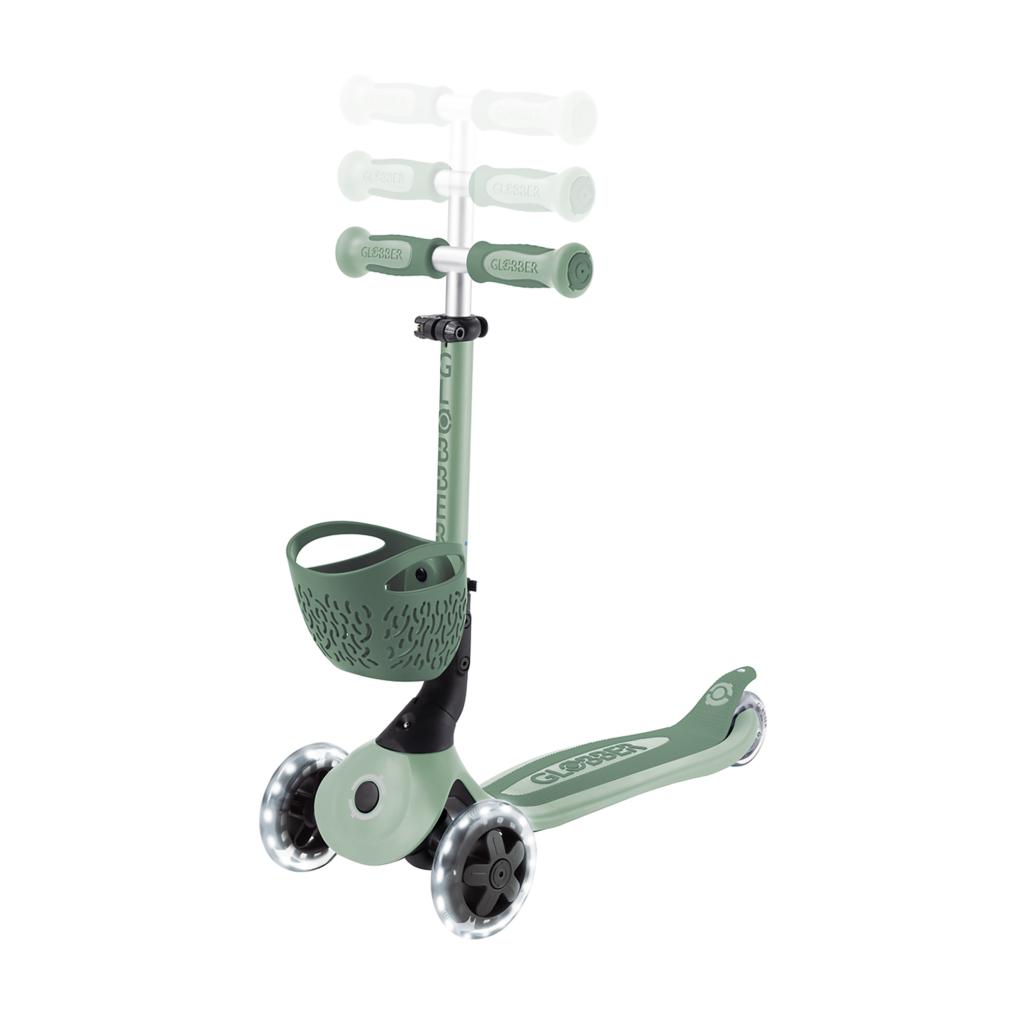 Roller, GLOBBER, Grün – Besonderheit: einfache, werkzeuglose Umbaumöglichkeit zu Aufsitzrad mit Schubstange, Laufrad und Scooter